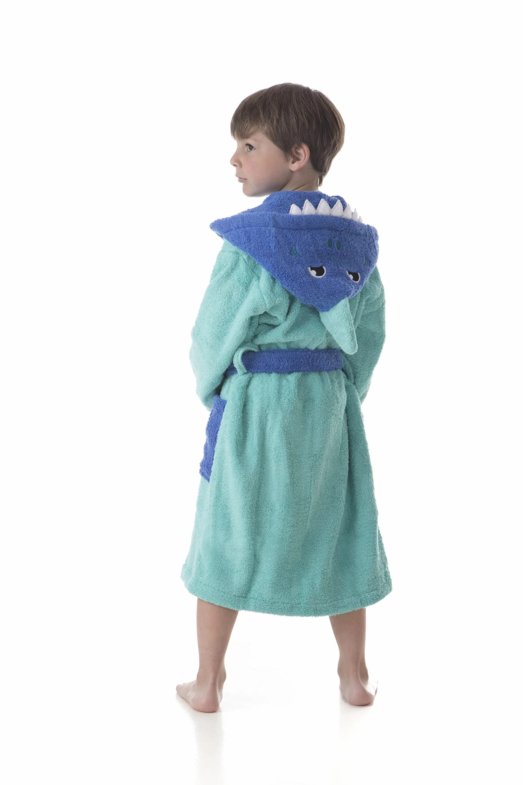 Albornoz Baño Niño Infantil 100% Algodón Bata con Bolsillos, Dibujos y Capucha Shark-Turq (2-4 años)