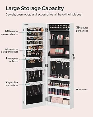 SONGMICS Armario Joyero, Espejo Joyero Montado en la Pared o en la Puerta, Espejo Colgante con Cerradura, 2 Organizadores de Maquillaje de Plástico Extraíbles, Idea de Regalo, Blanco JJC001W01