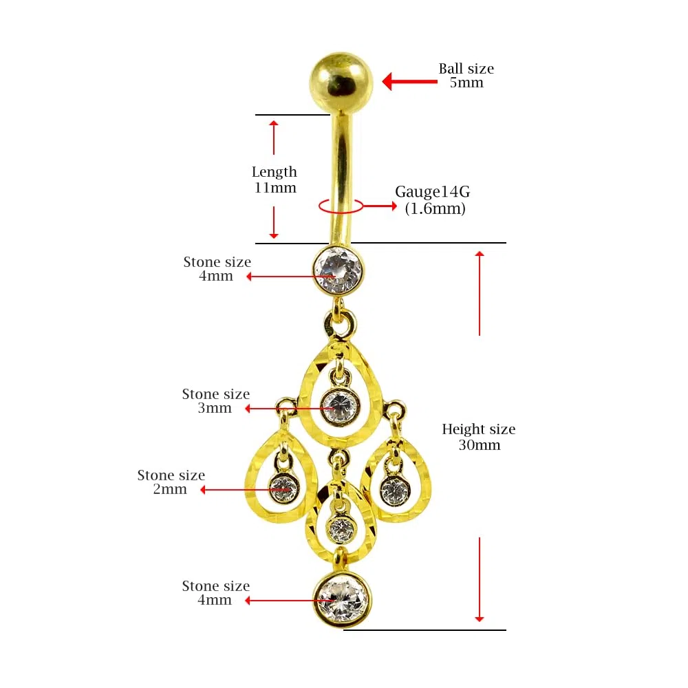 Monster Piercing Azario Londres 14 K oro amarillo sólido claro CZ piedra multi lágrima araña colgante barra barriga plátano piercing joyería