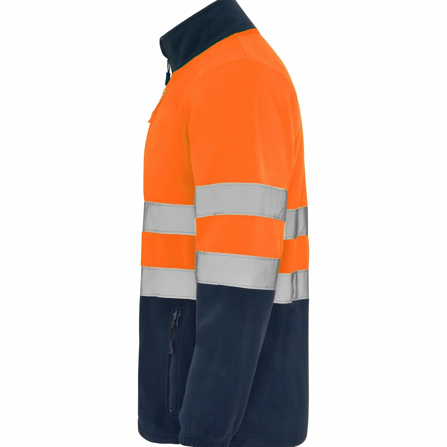Chaqueta polar alta visibilidad adulto con cintas reflectantes, cremallera completa, bolsillos frontales y pecho, 100% poliéster