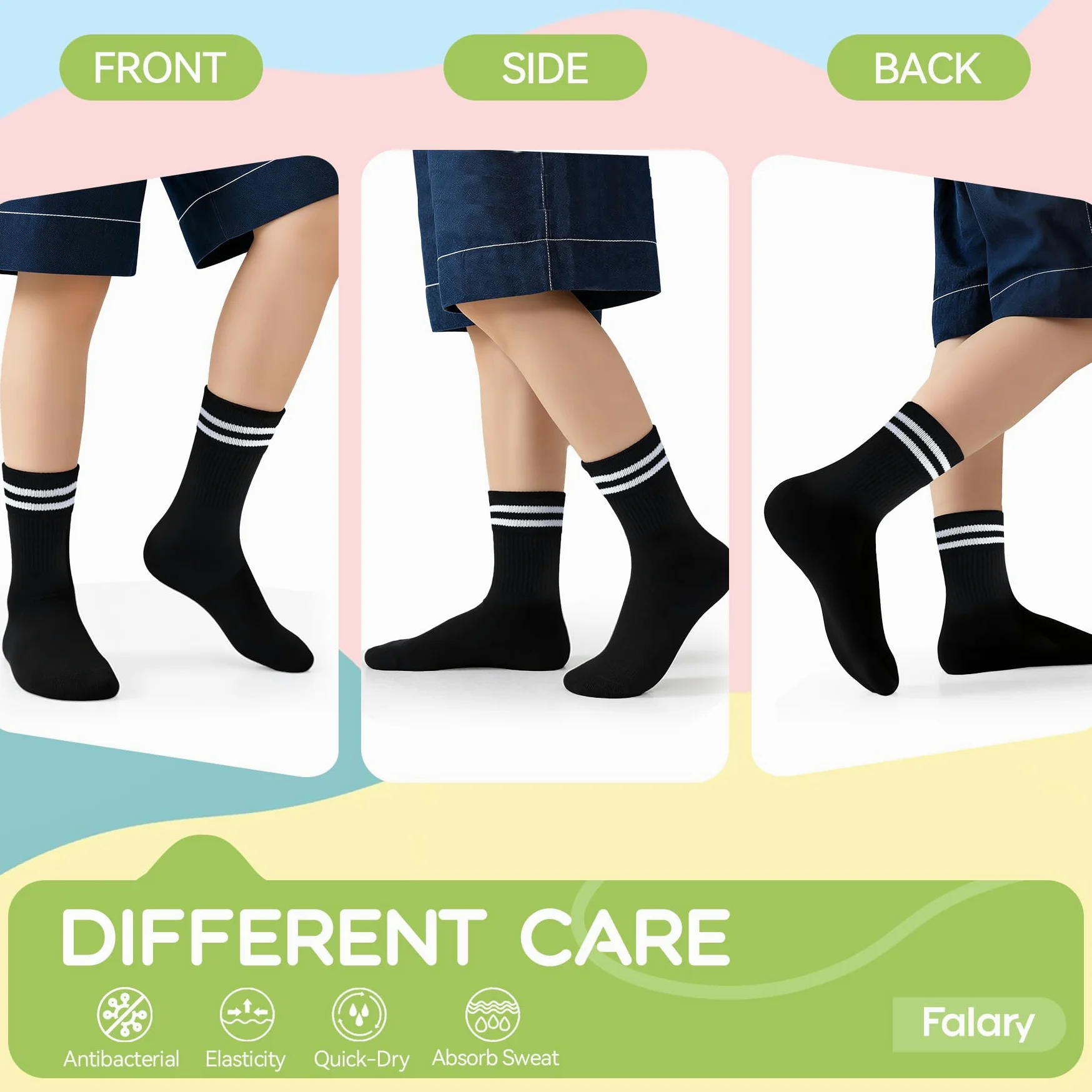 FALARY Bambú Calcetines Niño Niña Calcetines Deporte Tenis Correr 6 Pares | Negros Blancos Gris, Transpirable, Antimicrobiano, Sin Olores, Absorbe la Humedad, Cómodo, para Baloncesto Ciclismo Cotidiana