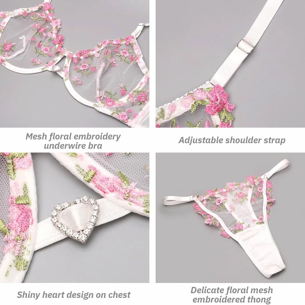 Conjuntos de lencería Sexy con Aros y Bordado Floral para Mujer, 2 Piezas con Sujetador de Malla Transparente y Panty de Cintura Alta, Ropa de Dormir Transparente con realce, Ropa Interior con Correa