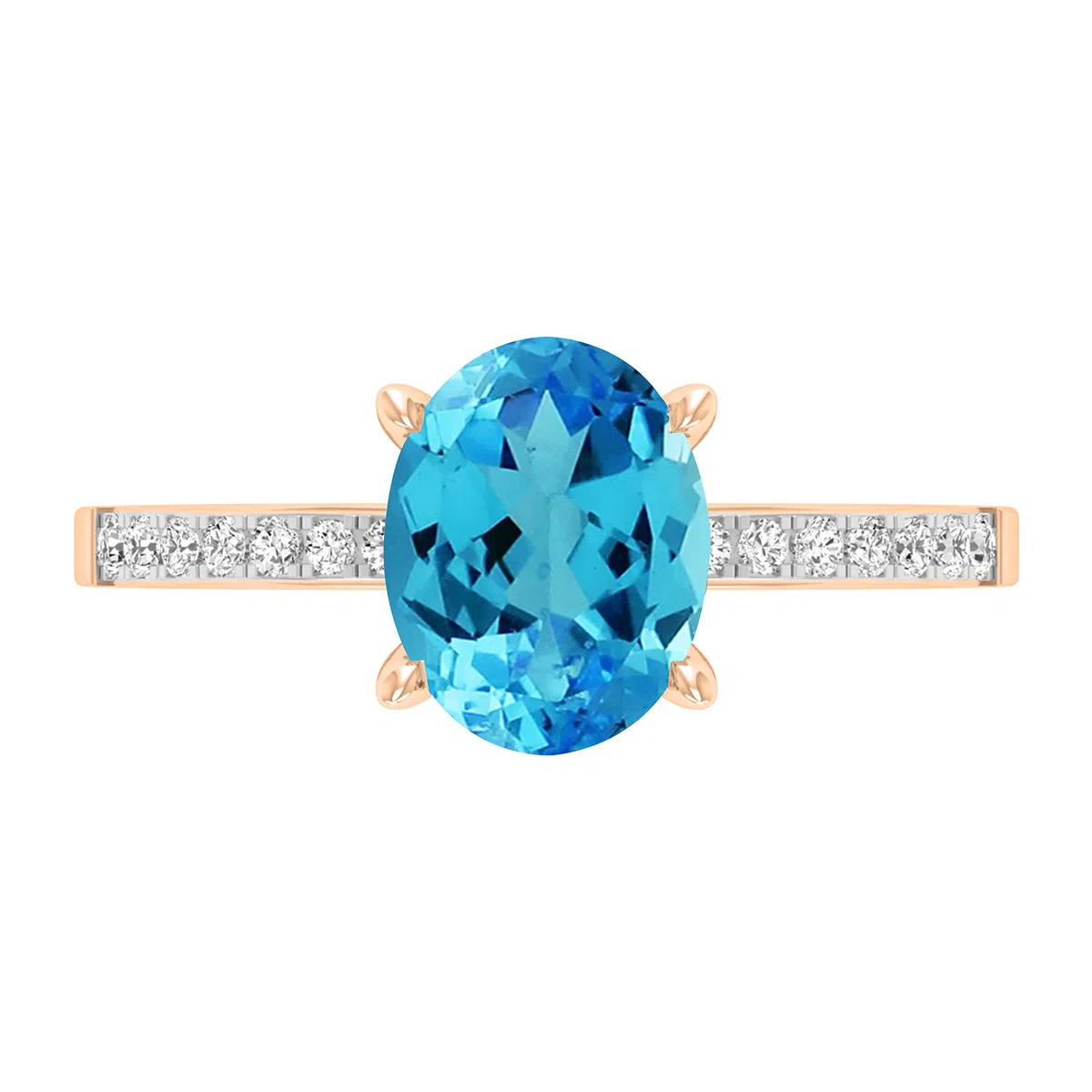 Dazzlingrock Collection Anillo de compromiso de oro rosa de 14 quilates con piedras preciosas ovaladas y diamantes blancos redondos de 9 x 7 mm para mujer, Oro rosa Topacio azul Diamante blanco Oro