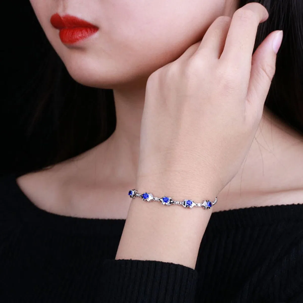 Pulsera Mujer de Oro Blanco 9 Kilates / 14 Kilates / 18 Kilates, Oval con Zafiro Creado de 1,79 ct y Moissanita, Cadena Extensible 16 CM + 5 CM, Pulsera Mujer de Plata Azul