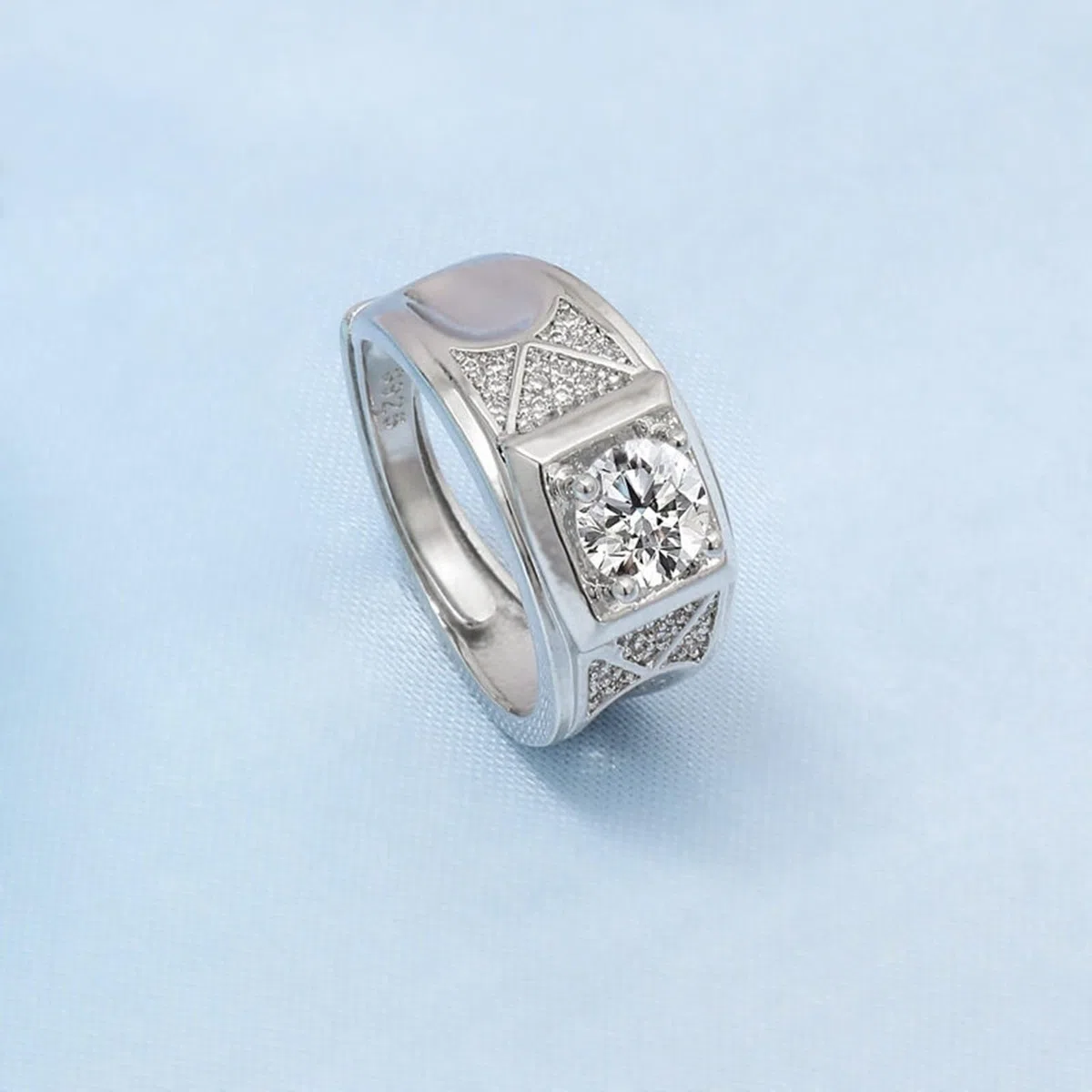Wycian Anillo para hombre, anillo de plata de 18 quilates, oro blanco de 18 quilates, diamante de laboratorio, ancho geométrico de 4 dientes, piedra redonda con circonita de 1 quilate, talla 54 (17,2