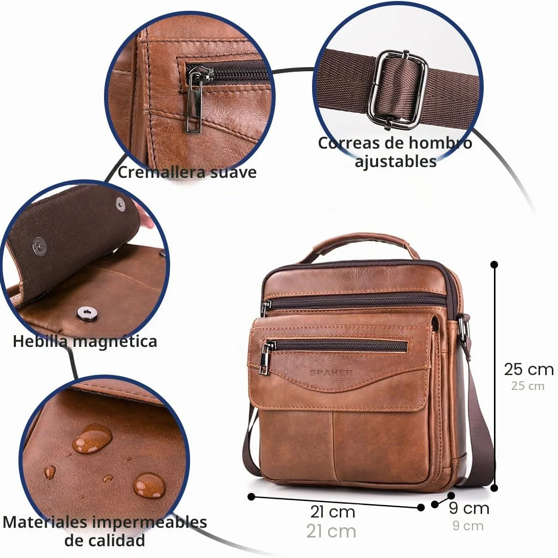 SPAHER Bandolera de Cuero Grande Bolso Piel Caballero Mariconeras para Hombres Man Bag