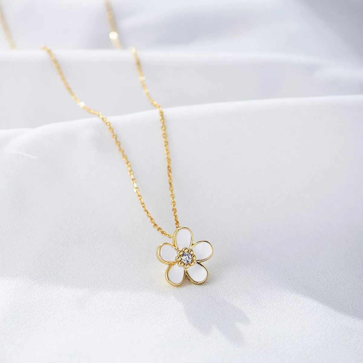 Collar con colgante de flor para mujer, cadena de oro amarillo de 9 quilates, 14 quilates, 18 quilates con diamante, collar con colgante individual para ella, 40 + 5 cm