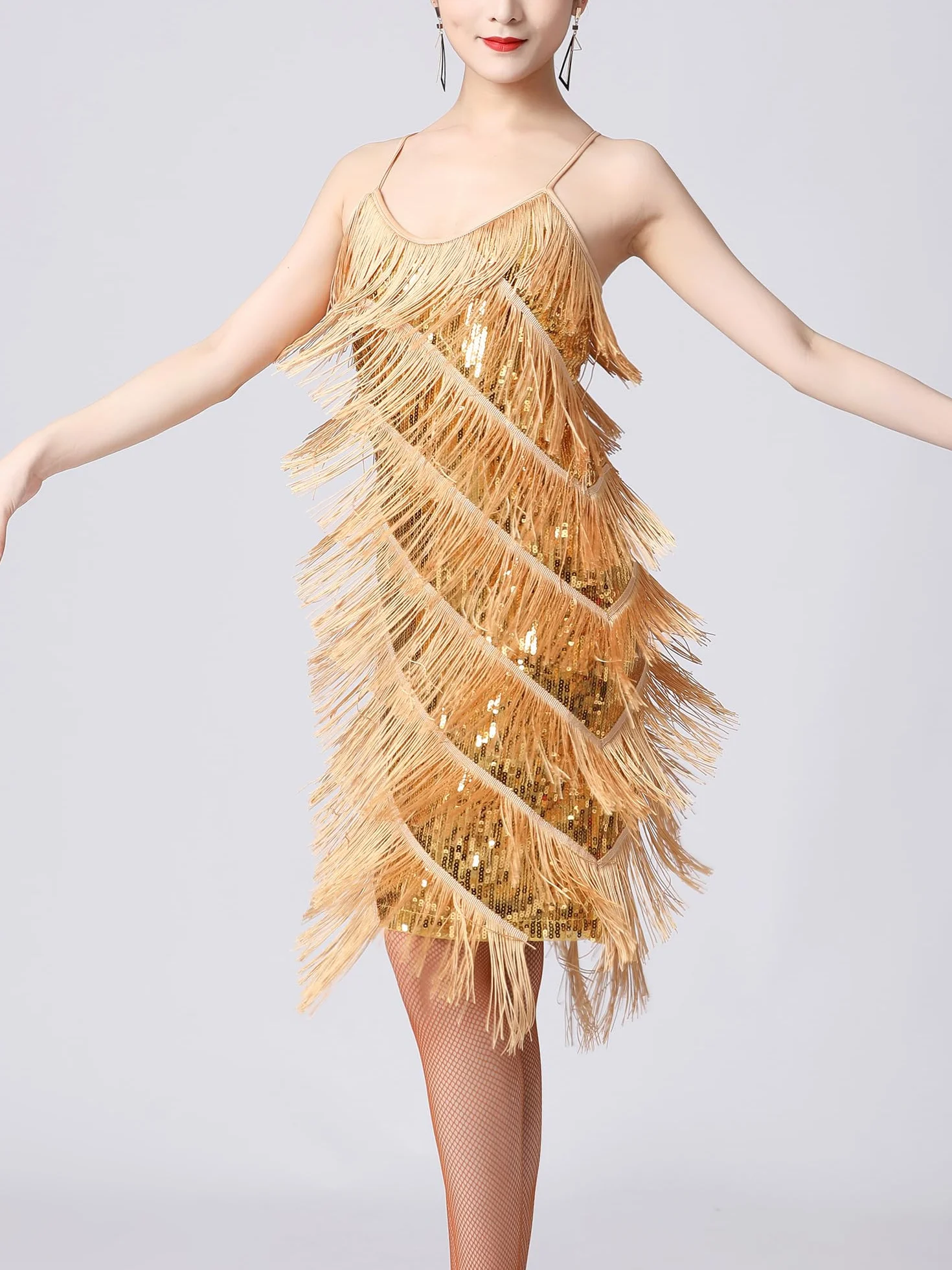 inhzoy Vestido de Baile Latino Lentejuelas para Mujer Vestido Flapper con Flecos de Lentejuelas Salsa Tango Salón de Baile Traje de Samba Chacha Disfraz Fiesta Dancewear