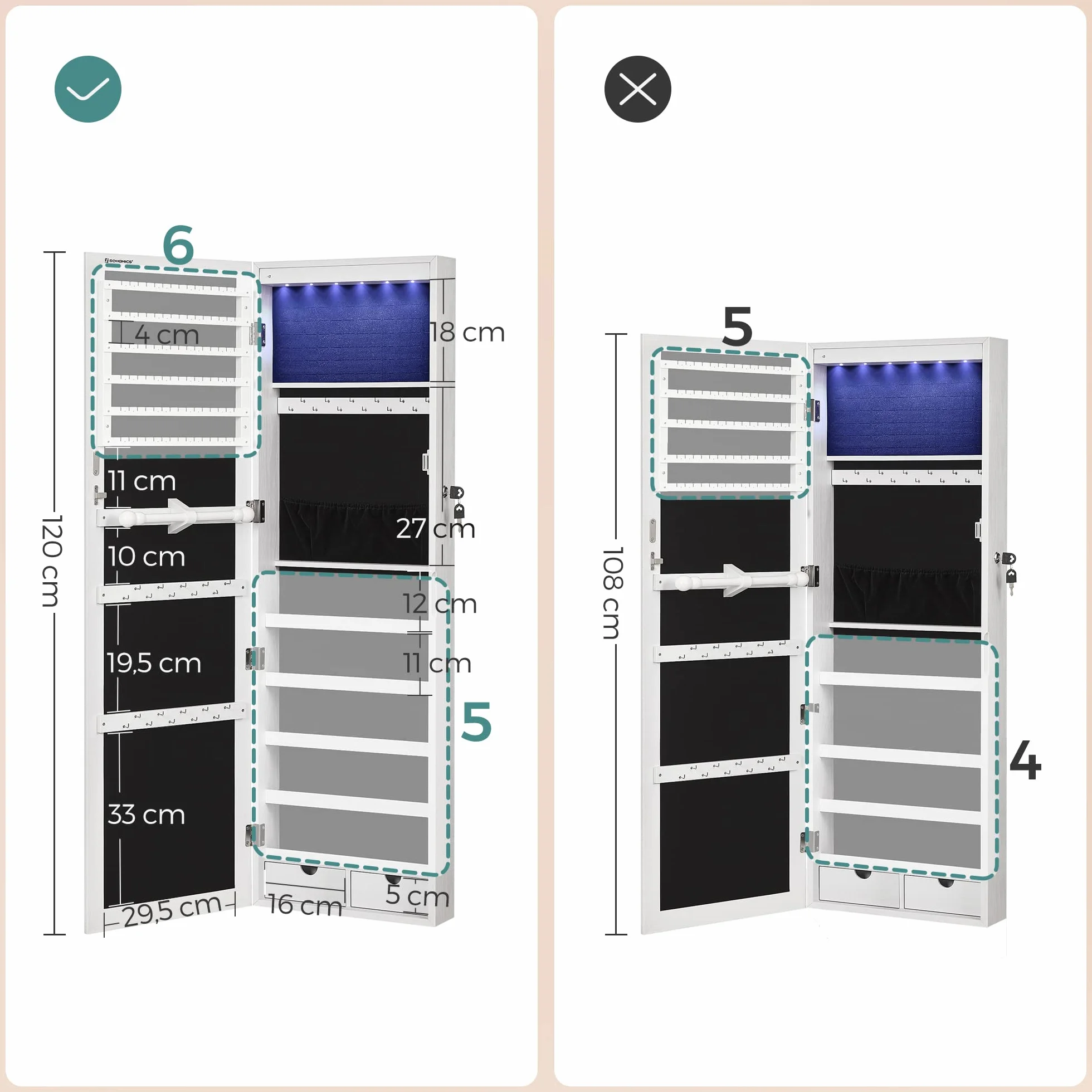 SONGMICS Armario para Joyas, Espejo Joyero de Pared, con Luces LED y Cierre, Organizador de para Pendiente, Collar, Espejo y Varios Compartimentos, Blanco con Vetas de Madera JBC93W