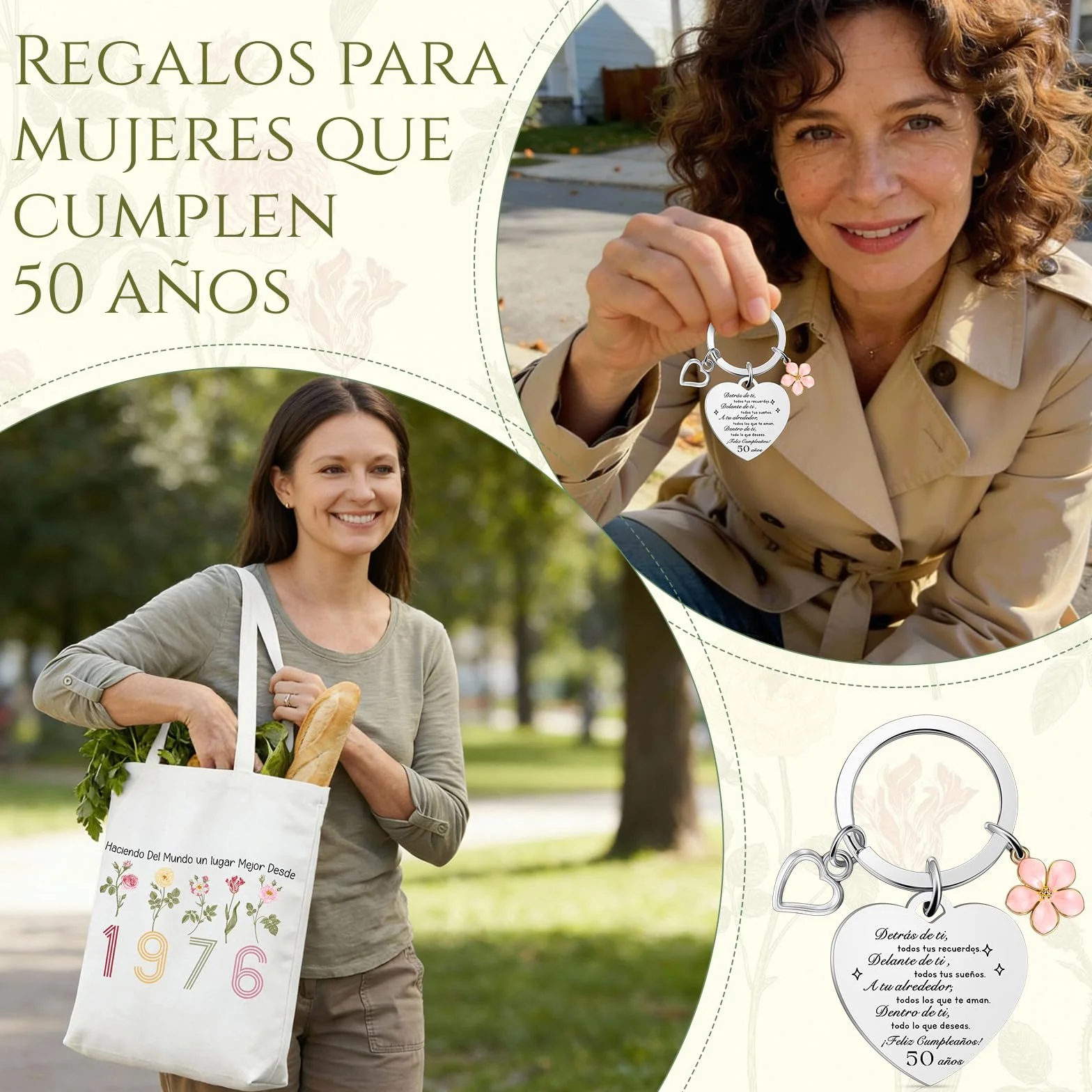 Xuniea Regalo Cumpleaños para Mujer, Bolsa de Maquillaje Arcoíris, Bolsa de Lona, Llavero de Acero Inoxidable, Regalo para Cumpleaños Aniversario Despedida Navidad (50 Años)
