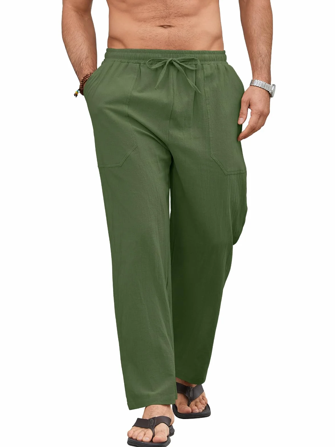 Pantalon Lino Hombre Pantalones de Verano Ligero Corte Holgado con Cintura Elástica y Cordón, con Bolsillos, para Playa, Vacaciones y Uso Diario