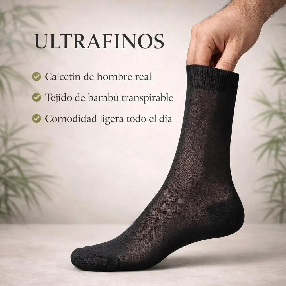 Calcetines de Bambú para Hombre, Pack de 4 Pares, Sin Costura, Transpirables y Suaves, Calcetines Ejecutivos Finos, Antiolor y Antibacterianos, Negro, Talla 40-46