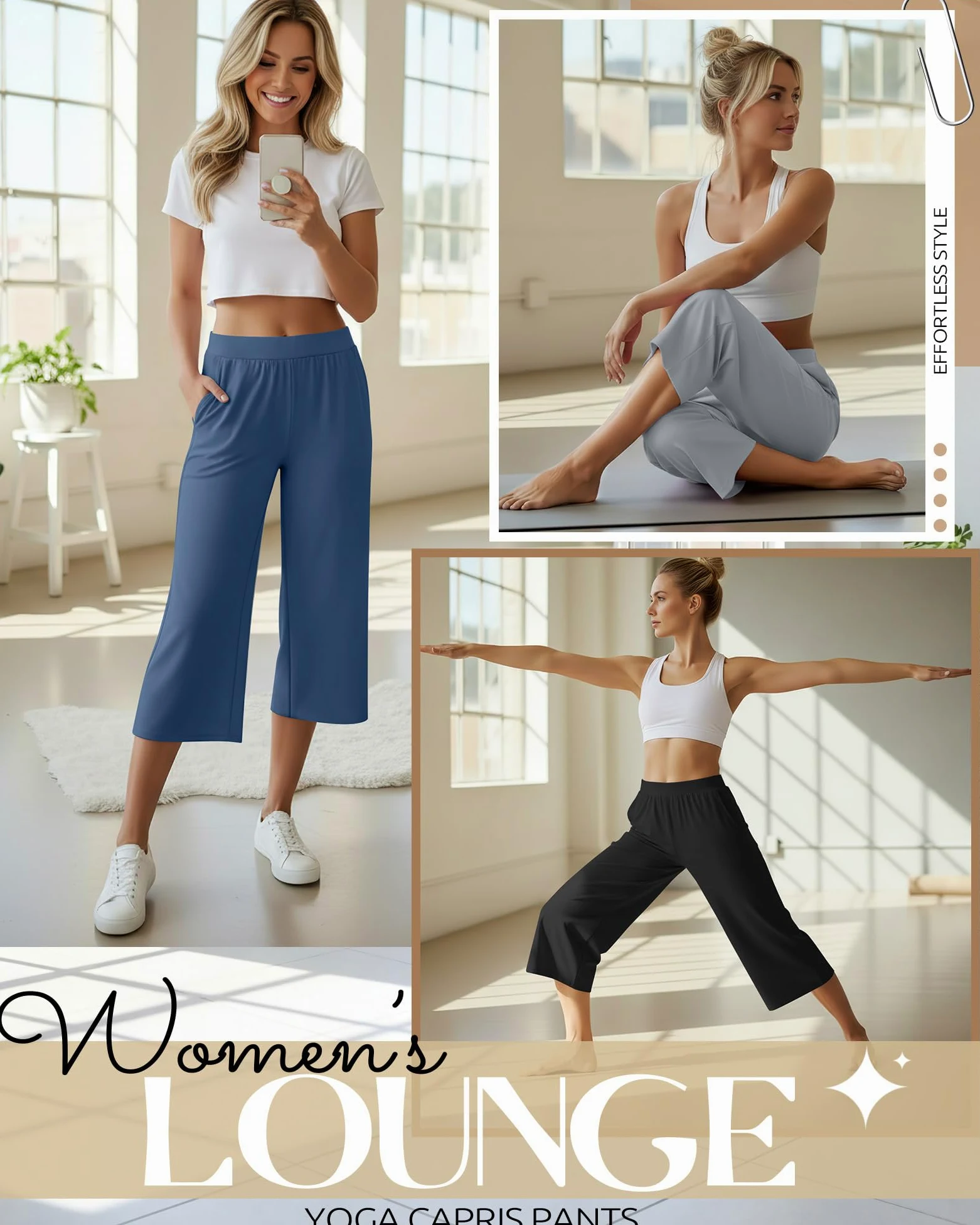 Neer Pantalones Capri para Mujer, de algodón, con Pierna Ancha, Pantalones de Deporte, Pantalones Cortos de Yoga con Bolsillos | Pantalones capri de yoga de pierna ancha, pantalones cortos de ajuste holgado, cintura elástica, pantalones capri de