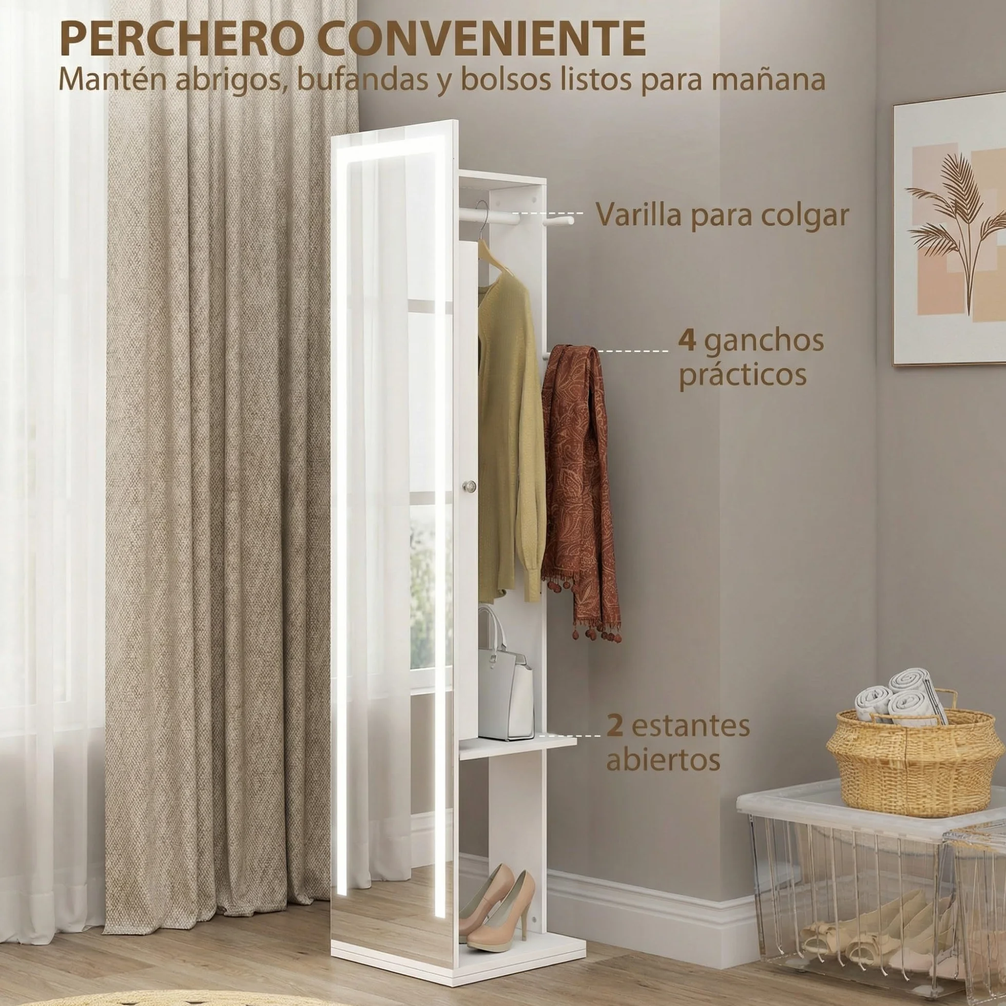 HOMCOM Espejo Joyero con Luces LED, Armario Joyero con Espejo de Cuerpo Entero sin Marco, Armario para Joyas Giratorio 360° con Estantes Abiertos, Perchero y Barras para Colgar, Blanco y Forro Beige