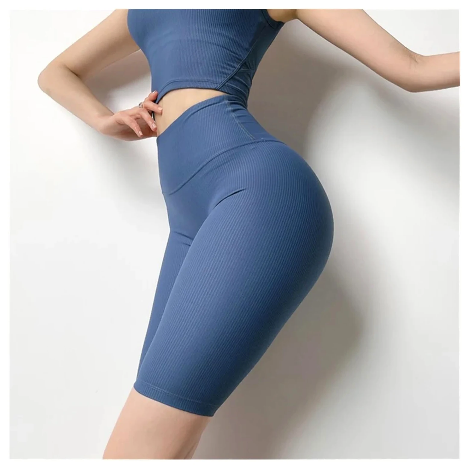 Yoga Pantalones Cortos Pantalones Cortos de Tejido Acanalado for Mujer, de Cintura Alta, for Ciclismo, Gimnasio, Correr, Yoga, Ajustados, con Rosca.(Black,L)