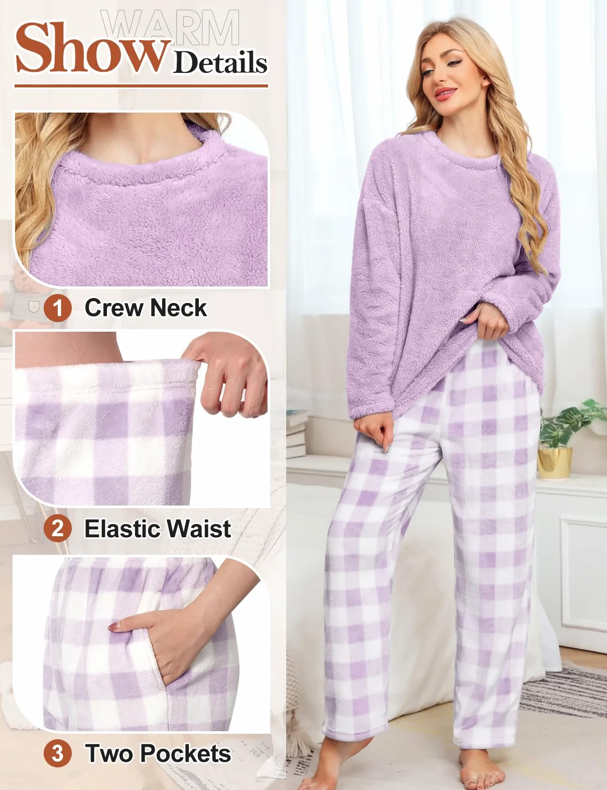 Niwicee Pijama para Mujer Invierno Conjunto de Pijama Forro Polar Super Suave Ropa de Dormir 2 Piezas Damas Ropa de Noche Manga Larga cálida y Pantalones Largos con Bolsillo Pijama para Navidad