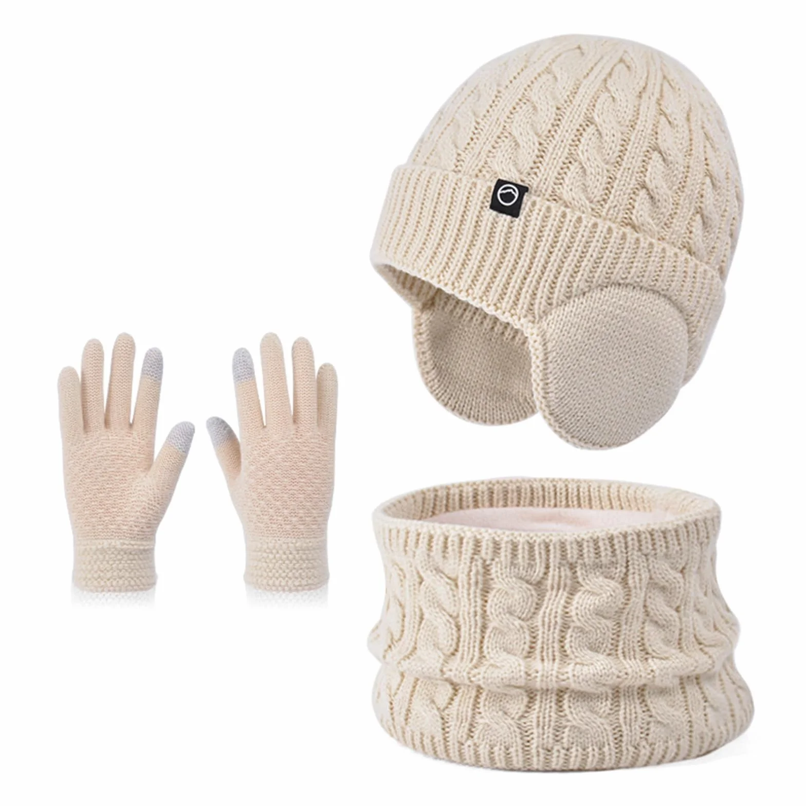 Niños Conjunto Gorro de Punto Bufanda Guantes Set 3 en 1, Invierno Cálidos Beanie con Orejeras Caliente Bufanda Pantalla Táctil Guantes para Niños Niñas 4-10 Años
