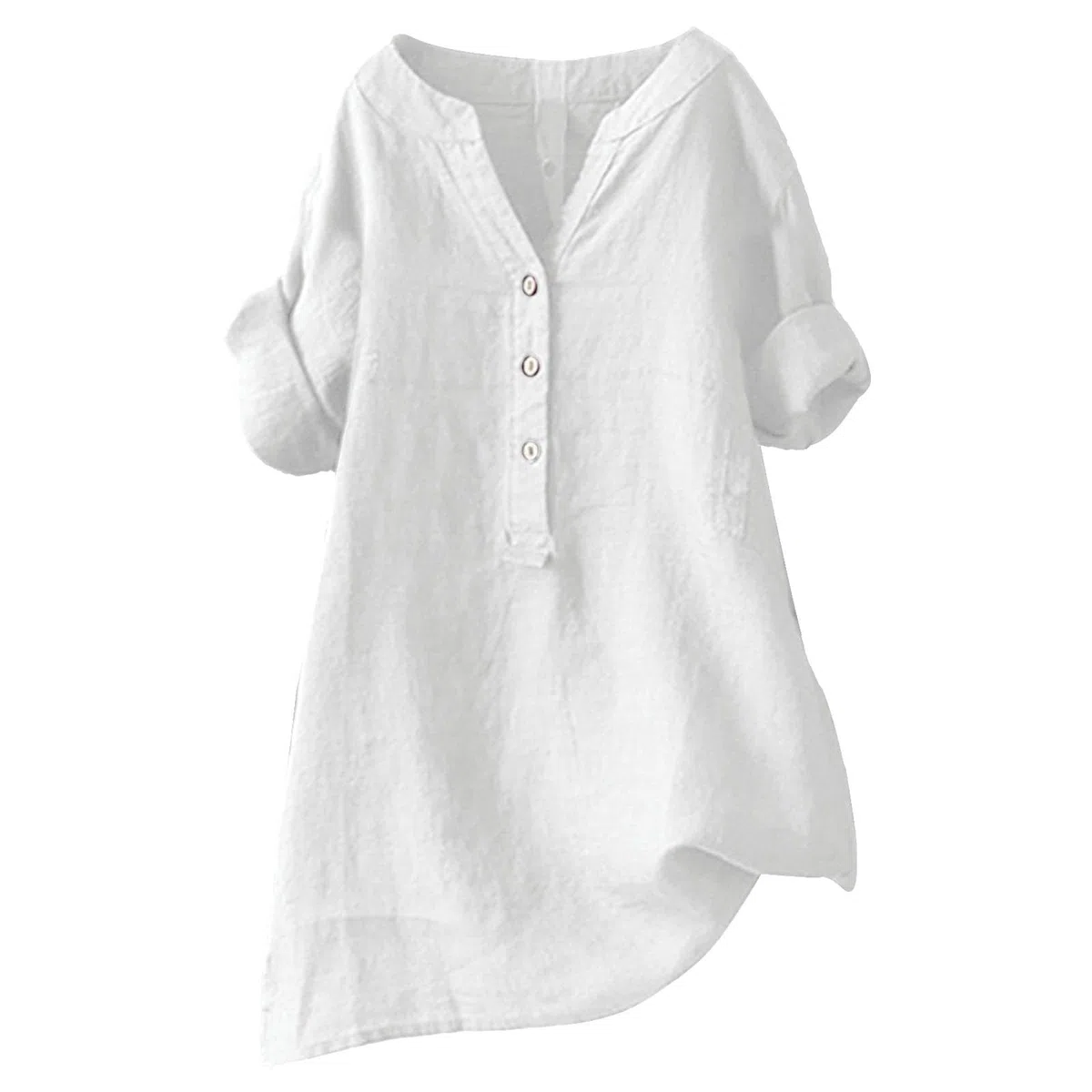 Camisetas Basicas Mujer Manga Larga Algodón y Lino Cuello en V con Botones Moda Blusa de Manga 3/4 Transpirable Basic Blusa Tops Slim Fit Sexy Otoño Talla Grande tee