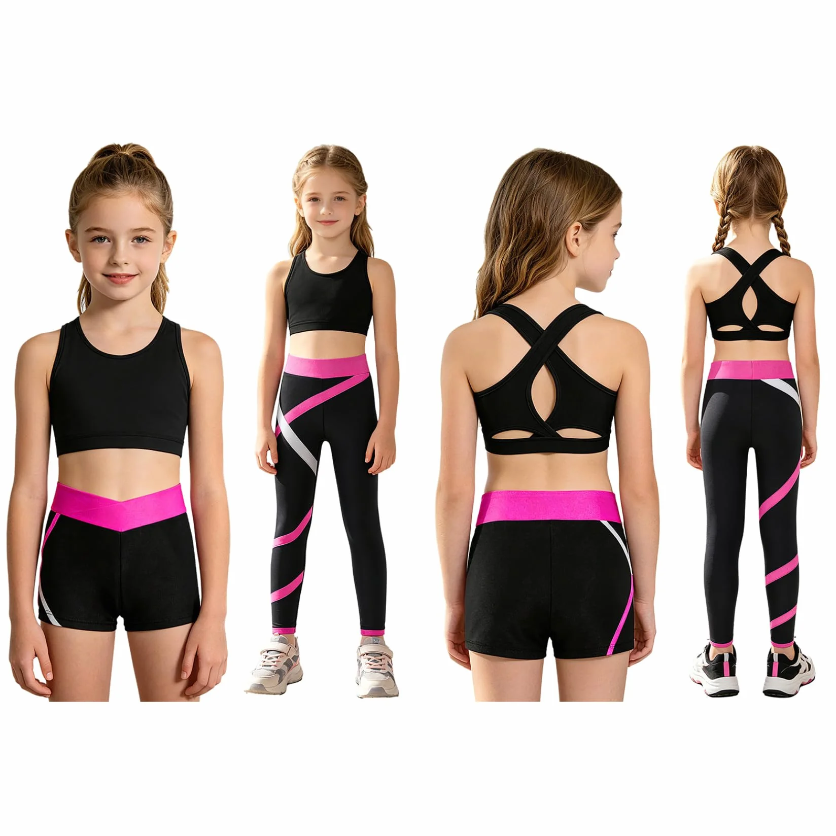Chándal infantil para niña, sujetador deportivo y leggings con pantalones cortos, ropa deportiva elástica, conjunto de yoga, fitness, correr, danza