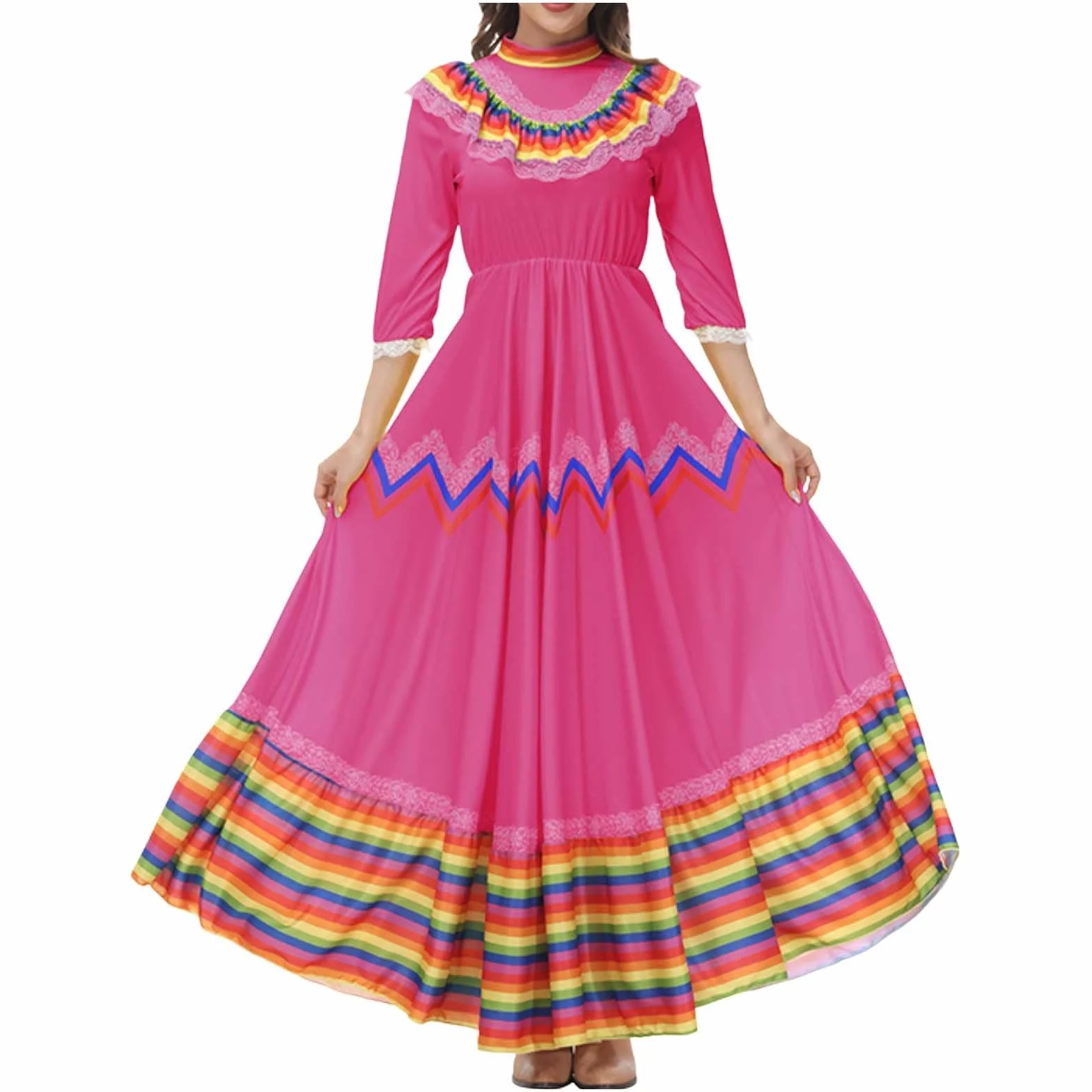 Vestido Bohemio para Mujer, Vestido Tradicional Mexicano, Vestido de Baile Folklórico, Vestido de Cinco de Mayo, Holgado, Dobladillo Grande, Vestido de Verano Largo