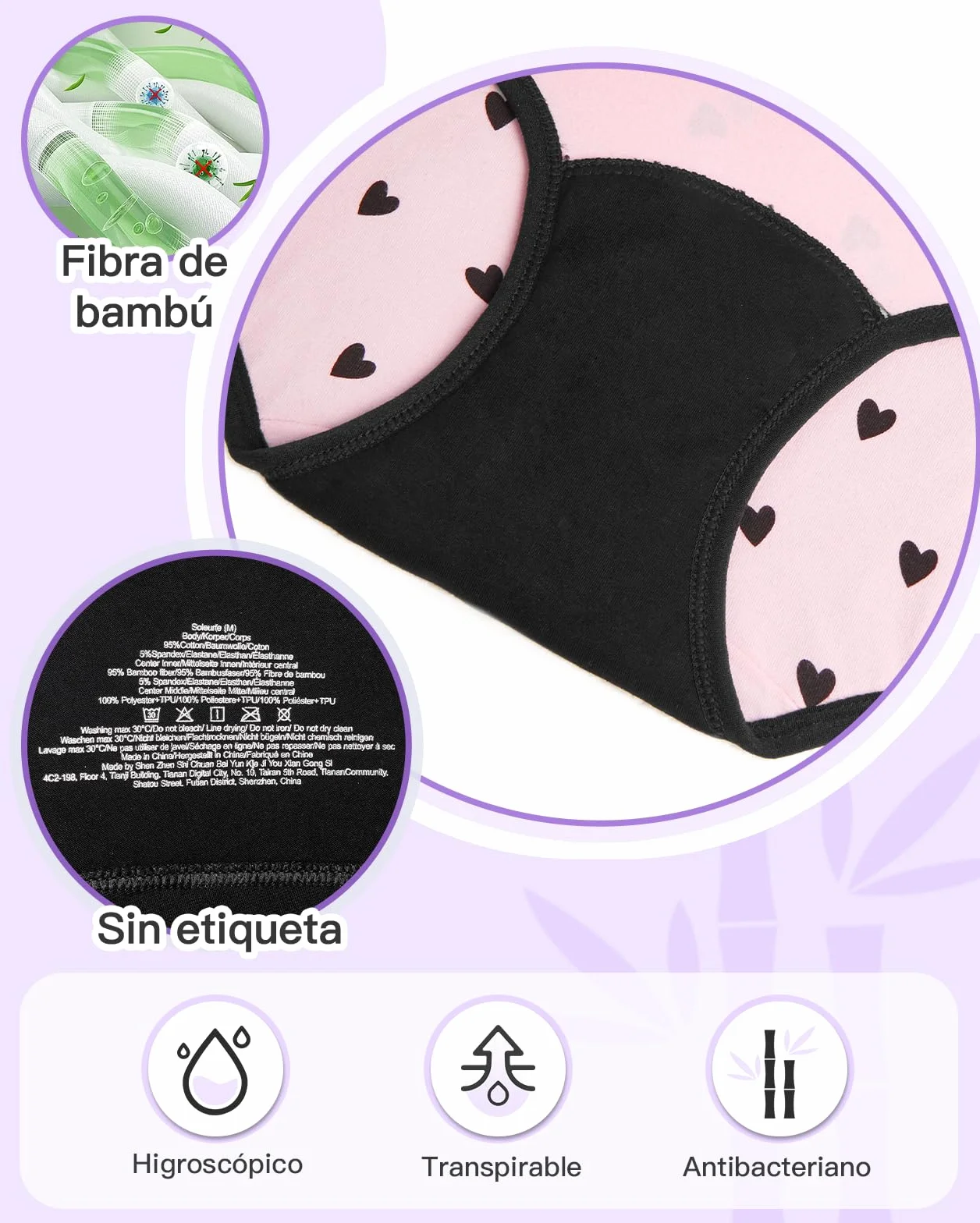 Bragas Menstruales Niña 10-16 Años Flujo Abundante Braga Menstrual Algodon Ropa Interior Reutilizables Braguitas 5 Pack