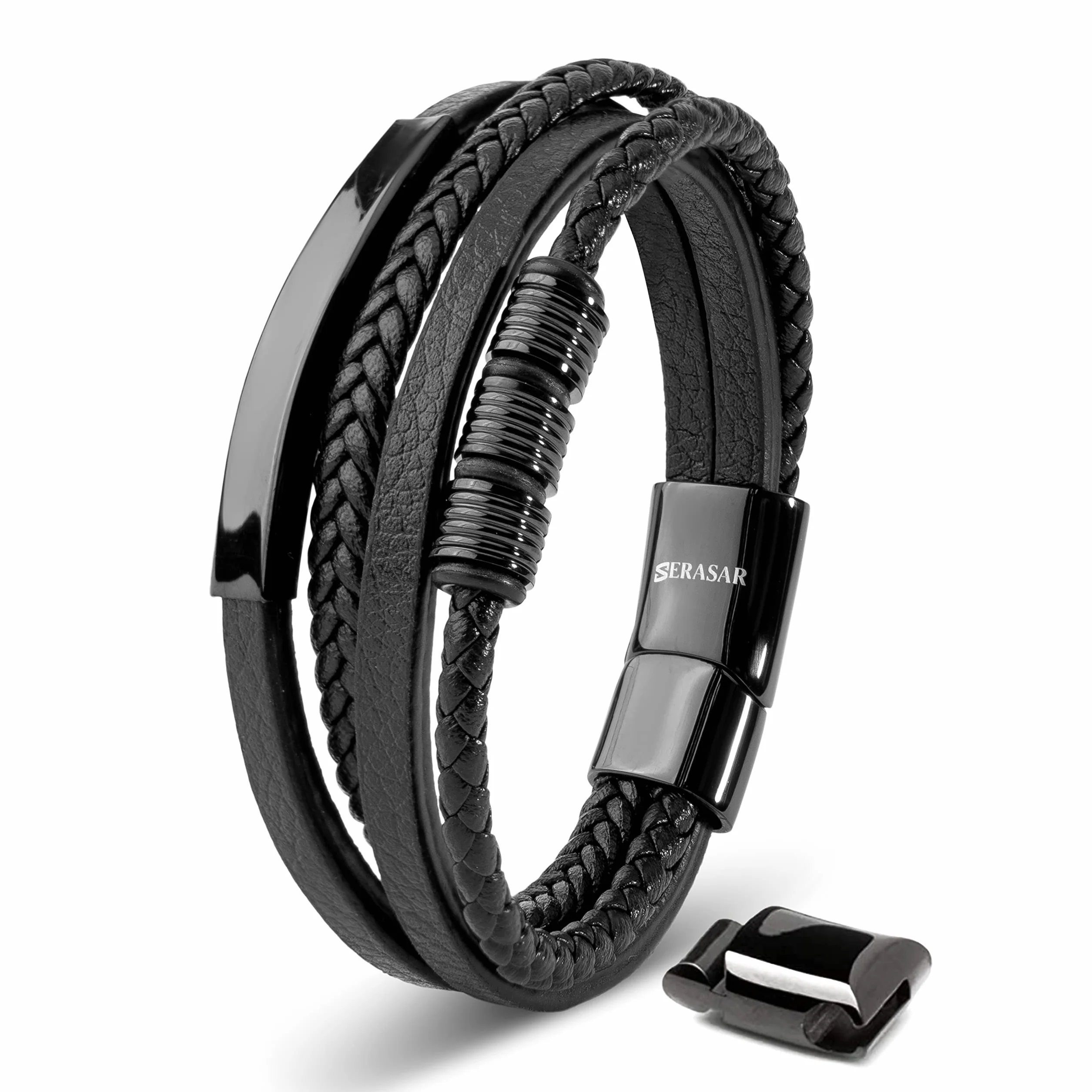 SERASAR Pulseras de Cuero Premium para Hombre con Cierre de Acero Inoxidable