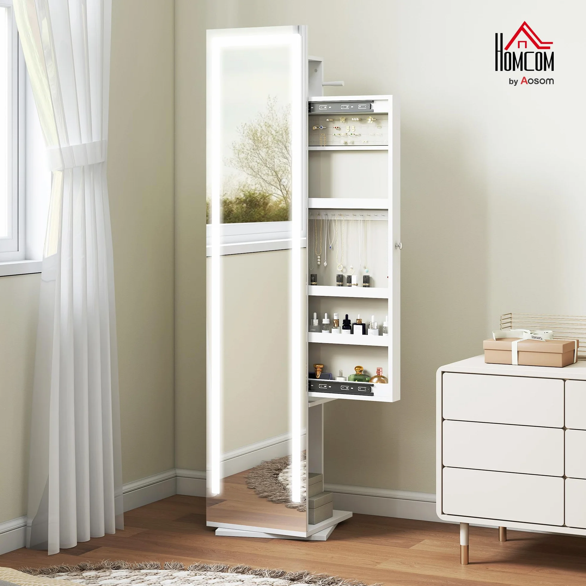 HOMCOM Espejo Joyero con Luces LED, Armario Joyero con Espejo de Cuerpo Entero sin Marco, Armario para Joyas Giratorio 360° con Estantes Abiertos, Perchero y Barras para Colgar, Blanco y Forro Beige