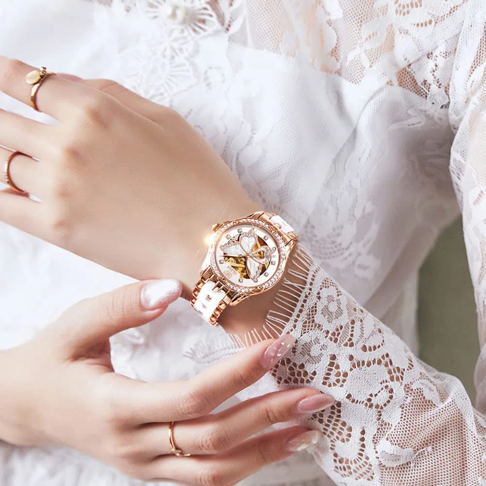 OLEVS Relojes automáticos para mujer, oro rosa, vestido de diamantes de moda, reloj de pulsera mecánico de dos tonos, correa de cerámica impermeable luminosa, juego de regalo, Esfera de mariposa