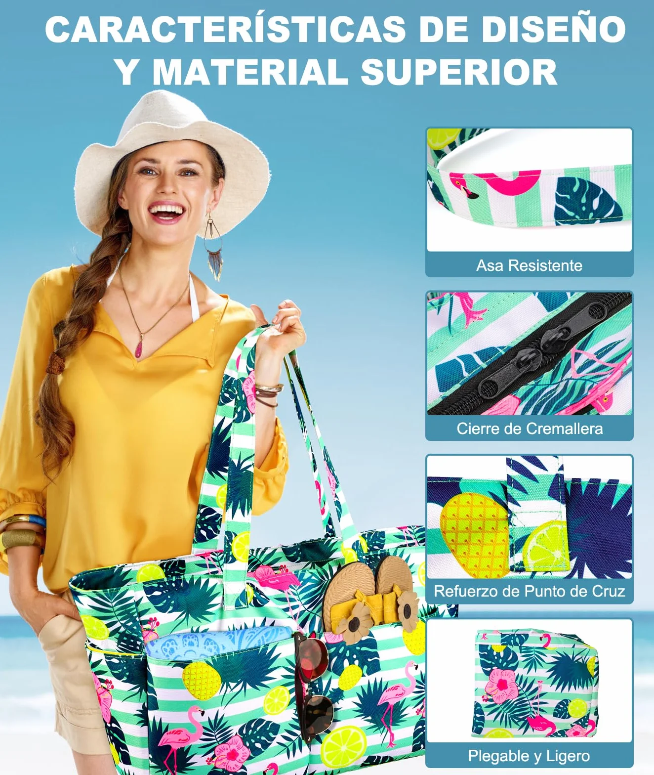 ISEYOU Bolsa Playa, Bolso Playa Mujer Impermeable Con Cremallera 45L, Bolsas Grandes XXL Familiar con 8 bolsillos Plegable Para Viajes, Picnic, Vacaciones