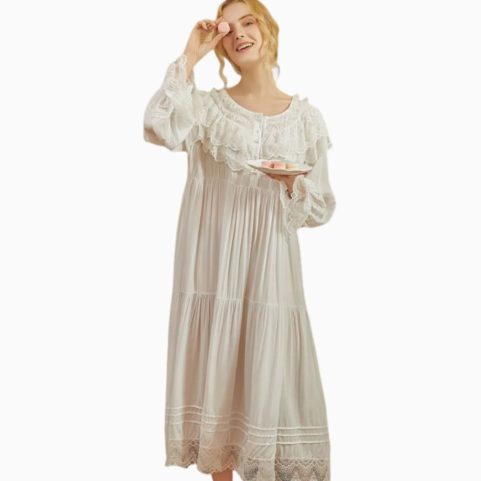 OFFSUM Camisón De Pijama De Mujer - Vestido De Encaje con Cuello Redondo Blanco Primavera Verano Elegante Camisón Vintage Princesa Ropa De Dormir Informal Bata De Novia De Gran Tamaño
