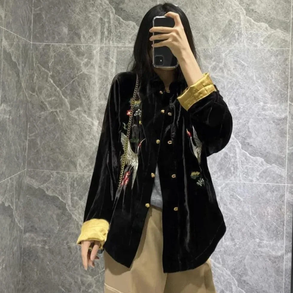 Chaqueta Primavera Estilo China Mujer Abrigo Terciopelo Negro Bordado Chino Chaquetas Informales Sueltas Moda Ropa Étnica Vintage