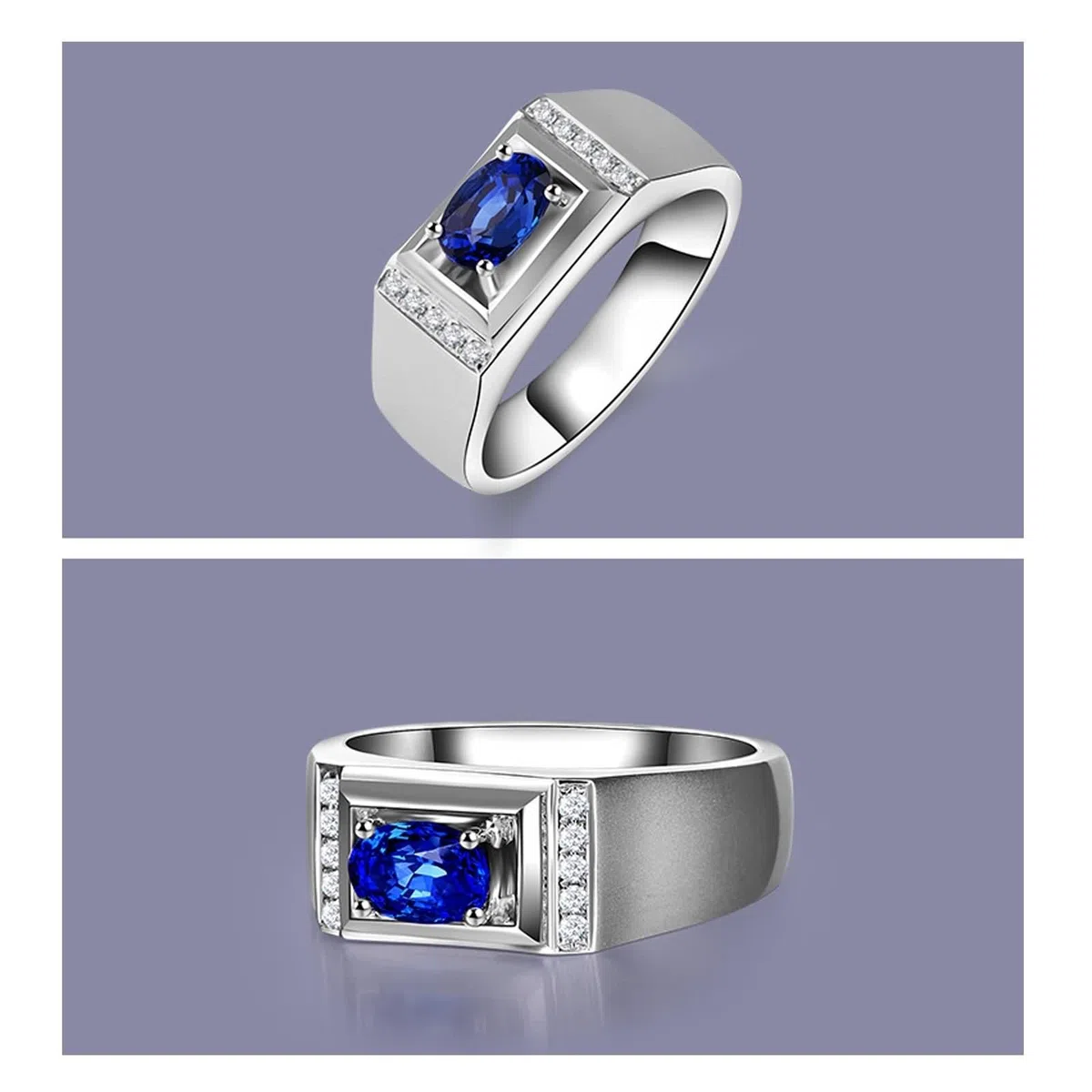 Sortija Piedras Azul, Alianzas Boda Oro Blanco 18K Forma Oval 0.1Ct Diamante Blanco Talla 25 para Esposo con Joyero