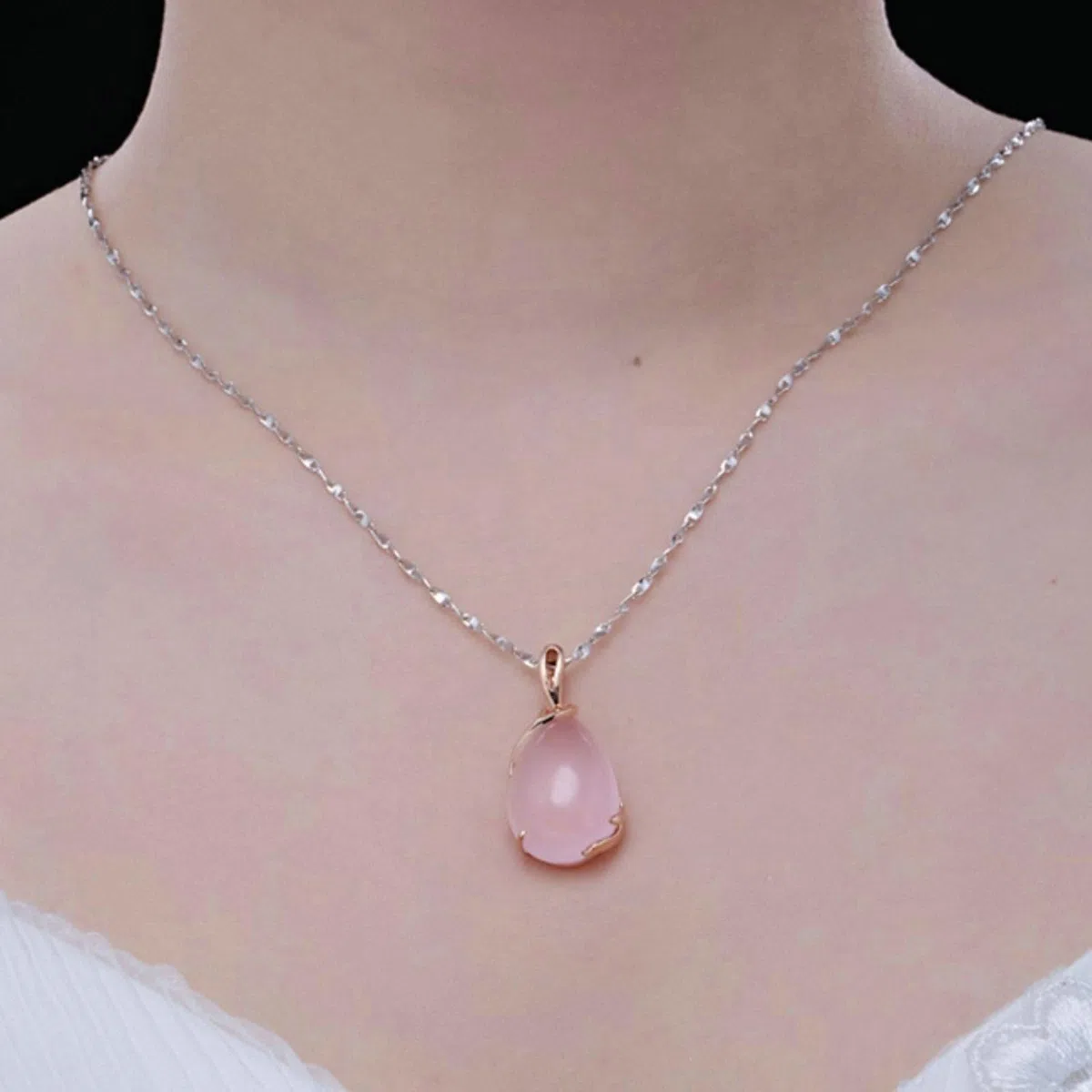 Collar para mujer de oro rosa 750 585 375 de oro auténtico, cadena colgante gota con cuarzo rosa de 14,5 ct, collar de boda de 45 cm para mujer