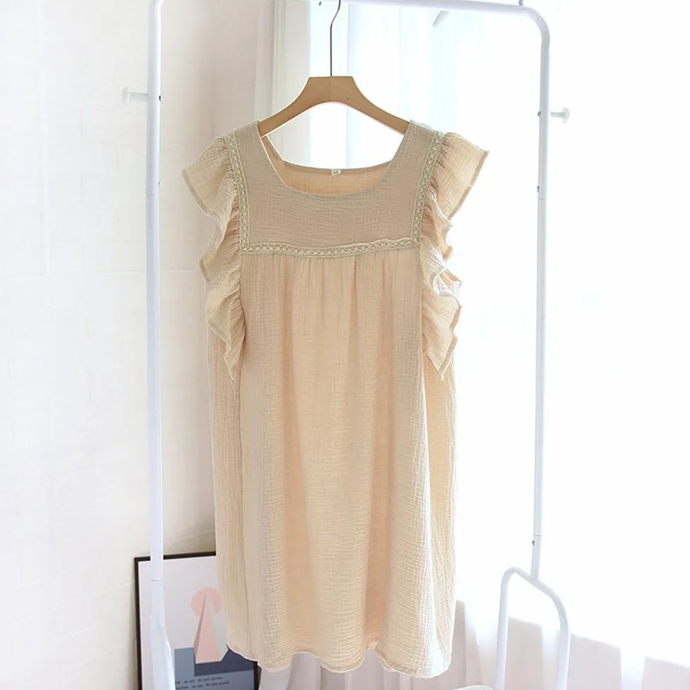 Camisón para Mujer - Faldas De Verano para Mujer, Camisón De Crepé De Algodón, Falda Larga con Manga De Hoja De Loto, Falda Fina para El Hogar, Camisón De Talla Grande De Verano