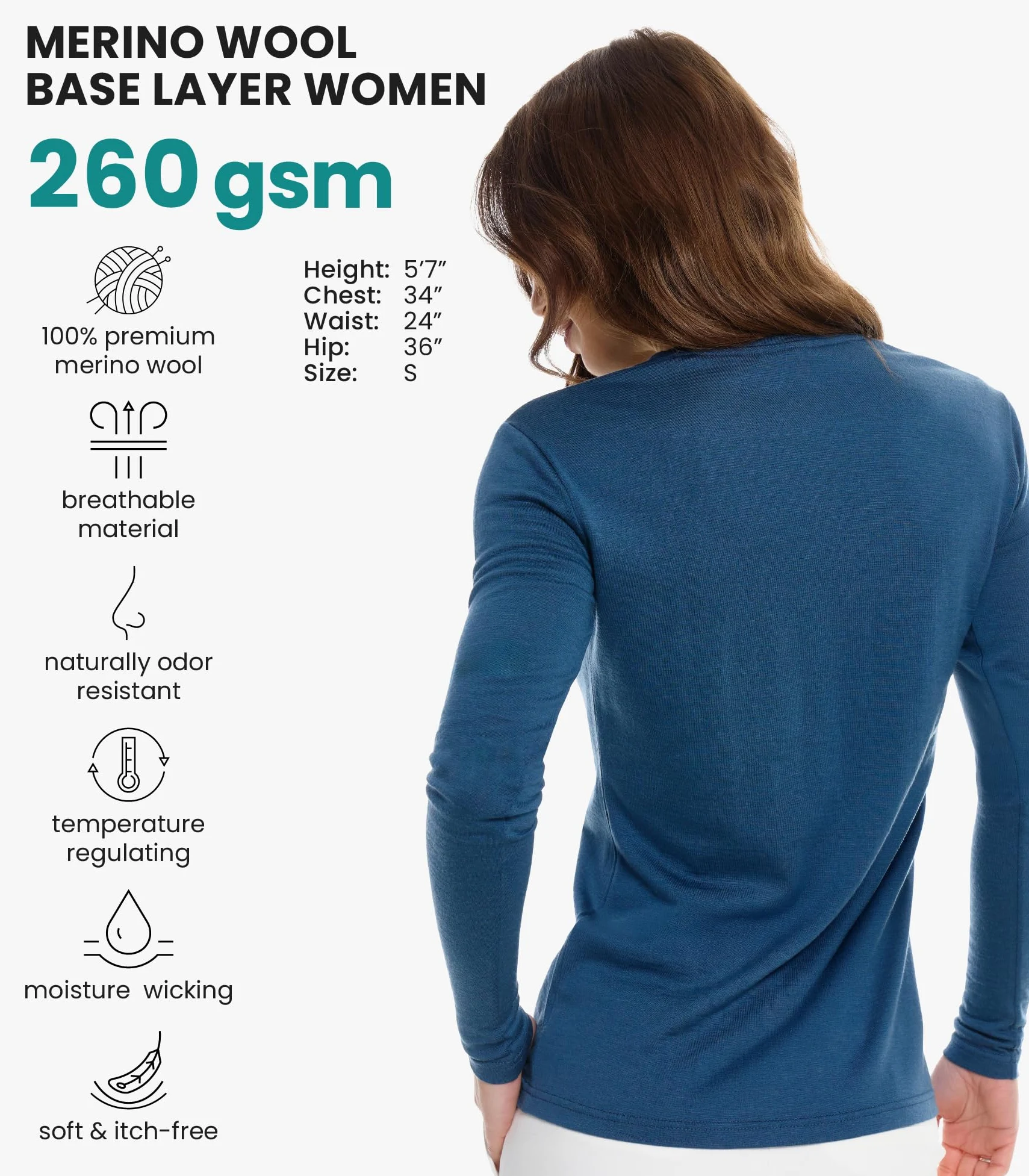 Merino.tech Сamisetas Mujer Manga Larga - 100% Lana Merino Ropa Termica (Large, 190 Denim Scoop)