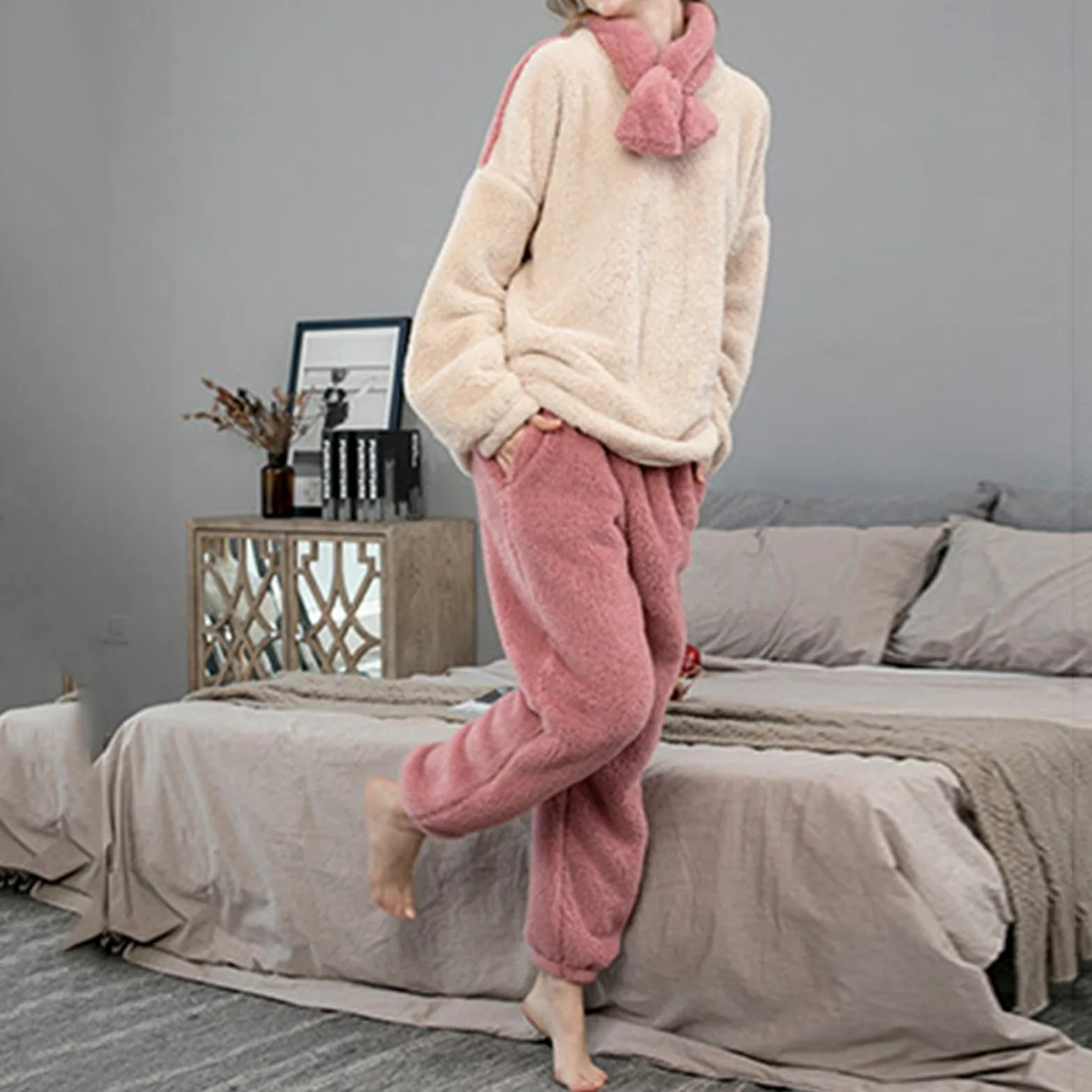 CMBSSTFC Pijamas de invierno para mujer, de forro polar, cálido y acogedor, pijamas térmicos de dos piezas, pantalones largos y camisetas de pijama, traje de jogging, conjunto de pijama de gran tamaño