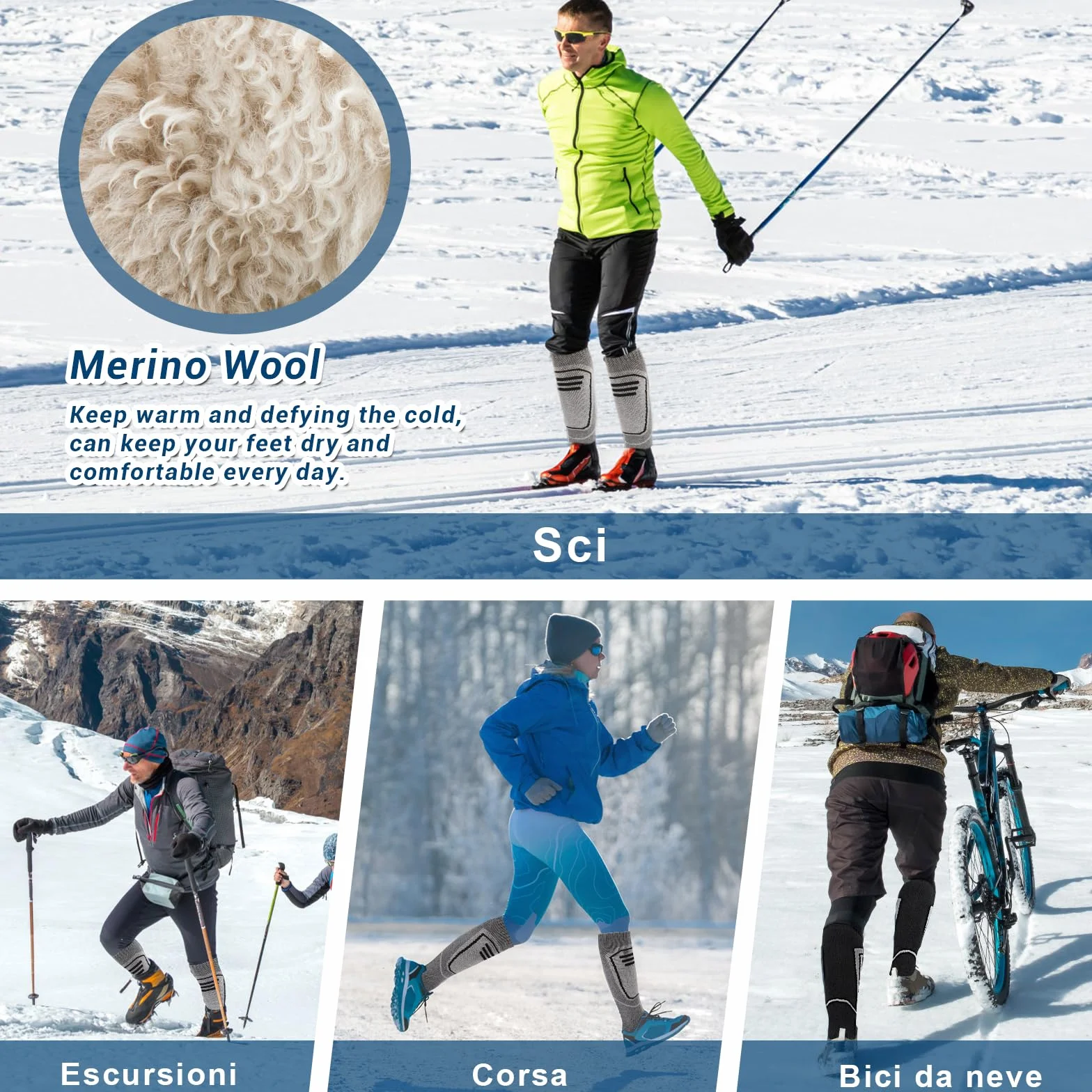 2 Pares Calcetines Esqui Lana Merino, Calcetines de Esquí Hombre y Mujer para Esquiar, Snowboard y Deportes de Invierno al Aire Libre