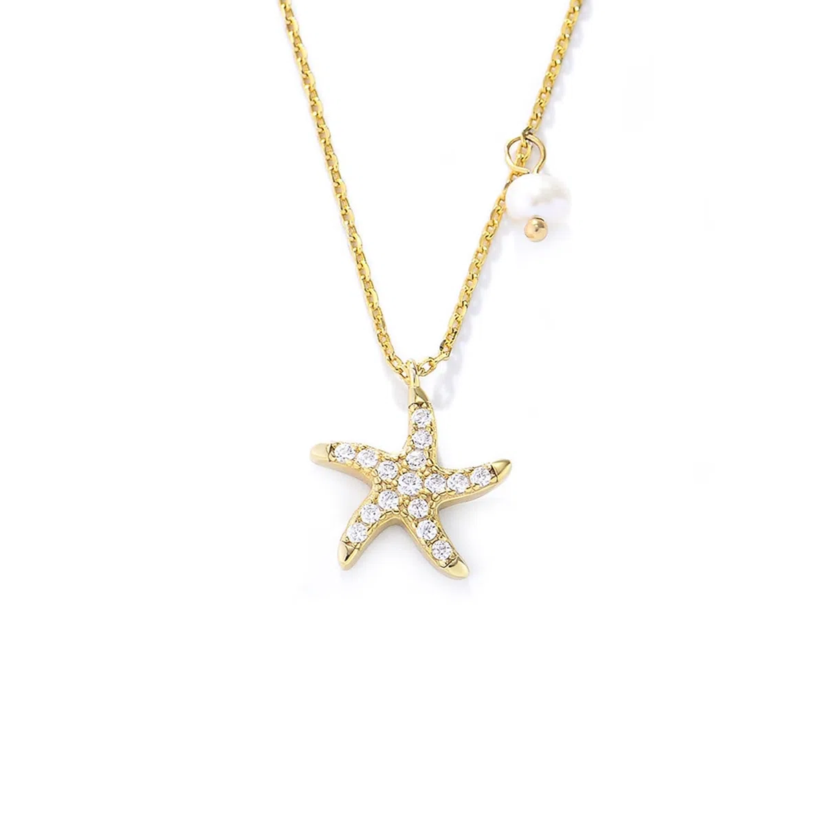 Collar con colgante de moissanita para mujer, oro amarillo de 9 quilates, 14 quilates, 18 quilates, 12,3 mm, con colgante de estrella de mar y perla, cadena Rolo: 40 + 5 cm