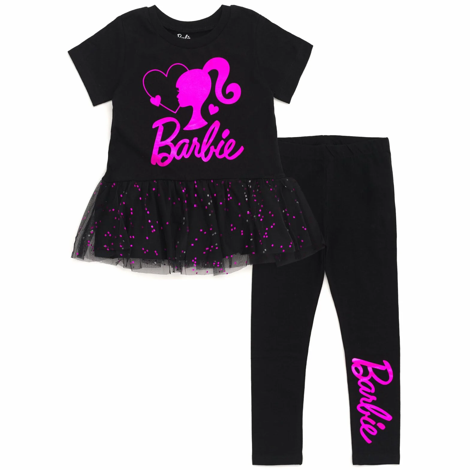 Barbie Camiseta y pantalones peplum con estampado metálico para niñas pequeñas y grandes