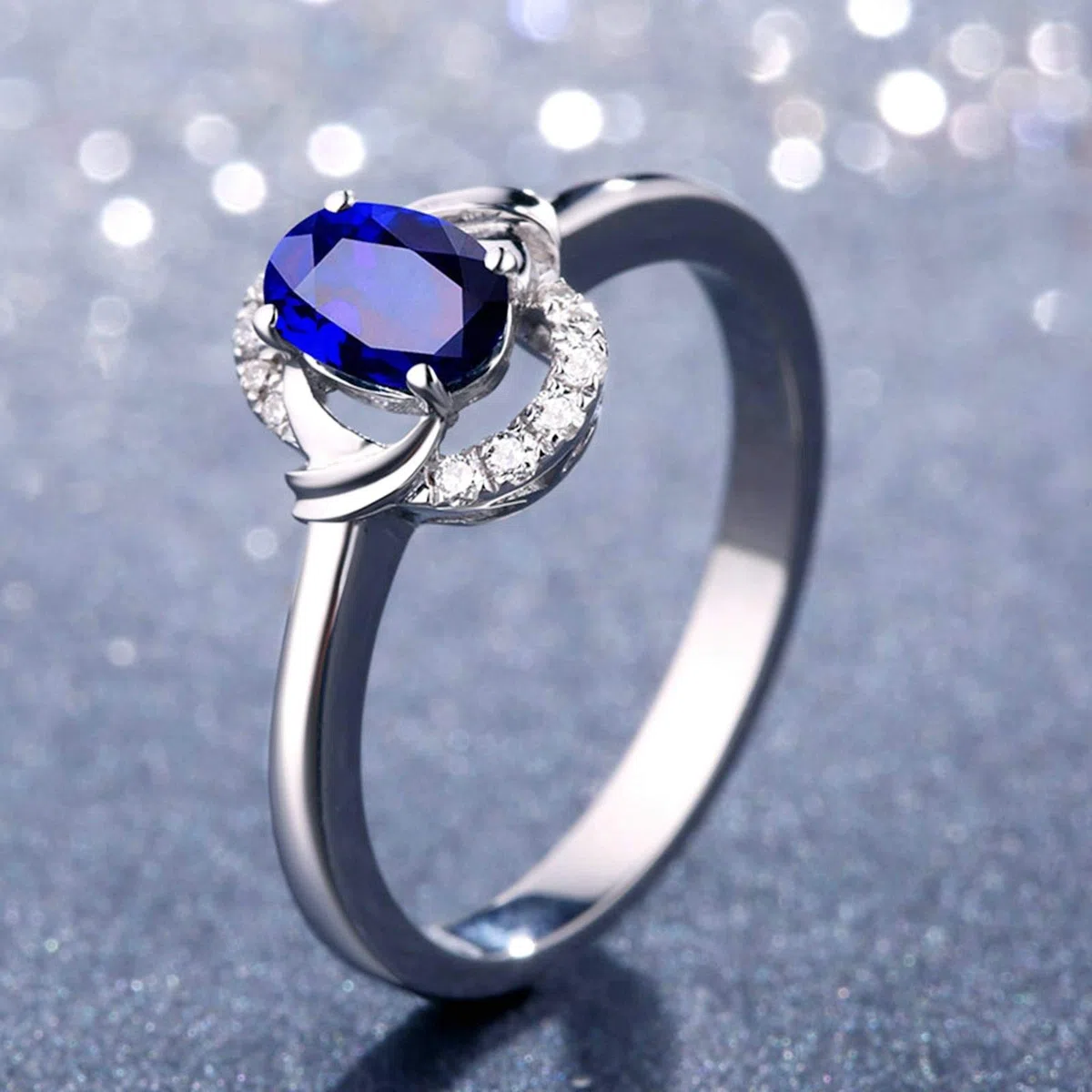 KnBob Anillo ovalado de 0,48 quilates para mujer, oro blanco de 18 quilates, anillo de compromiso y boda, Sapphire,