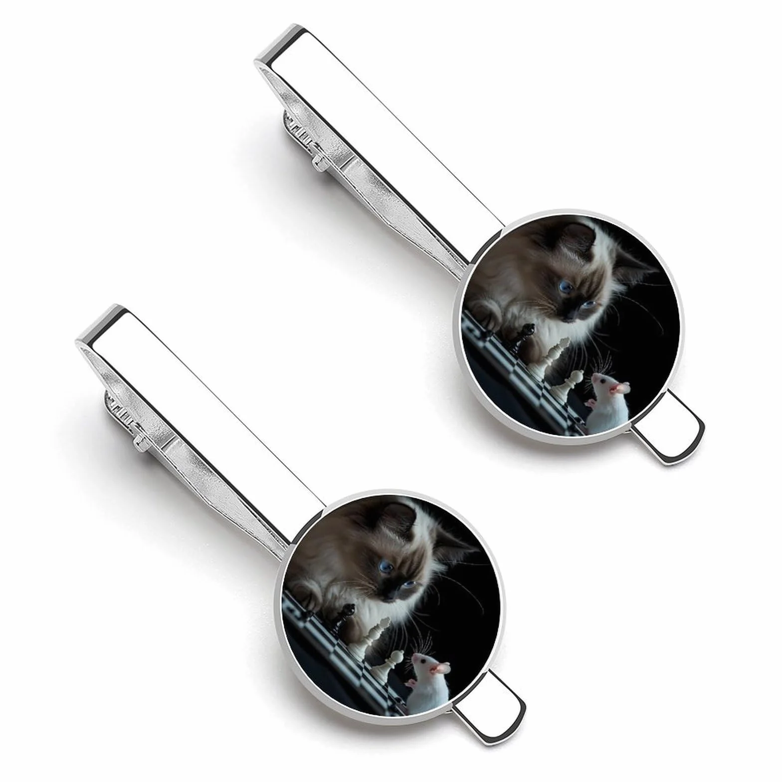 Lindos clips de corbata de gato y rata jugando al ajedrez para hombre, para corbata, para regalos de boda, negocios, 5,5 x 2,2 cm