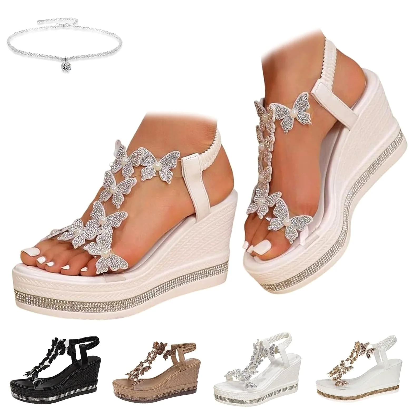 Sandalias de mariposa para mujer 2026, tacones de cuña con puntera abierta y plataforma de diamantes de imitación, suela gruesa, correa elástica transparente, sandalias bohemias de punta abierta para