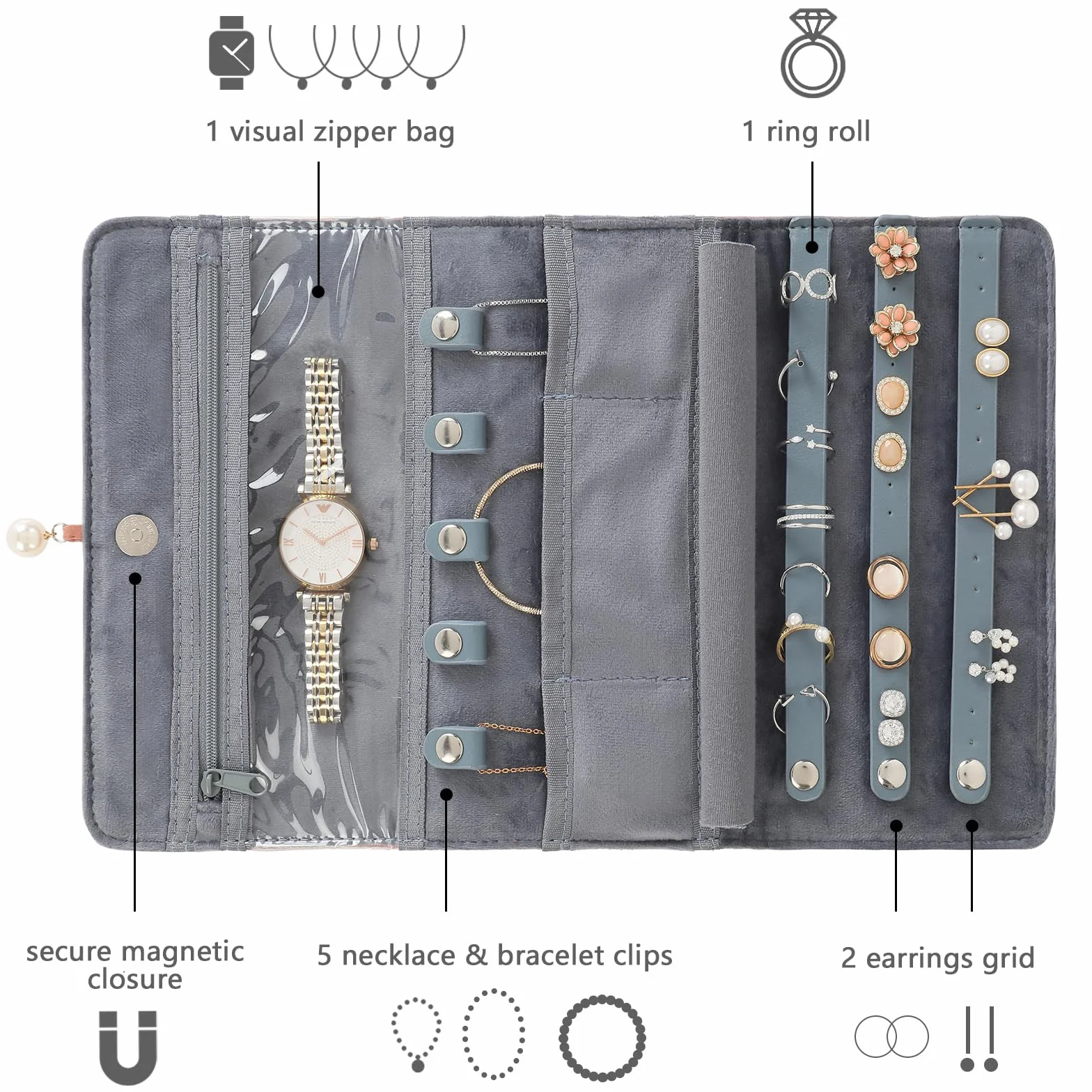 Bolsa de Rollo de Joyería, Plegable Enrollable Joyería Estuche, Organizador de Joyas para Collares, Pulseras, Pendientes, Anillos, Broches-Naranja