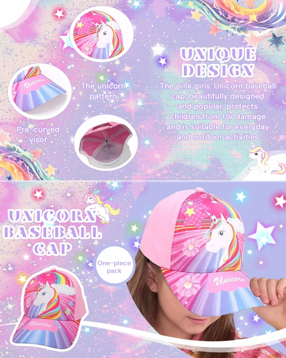 Gorra de Béisbol para Niñas Gorra de Camionero para Niños Gorras Ajustables con Visera de Sirena, Unicornio Rosa Colorido