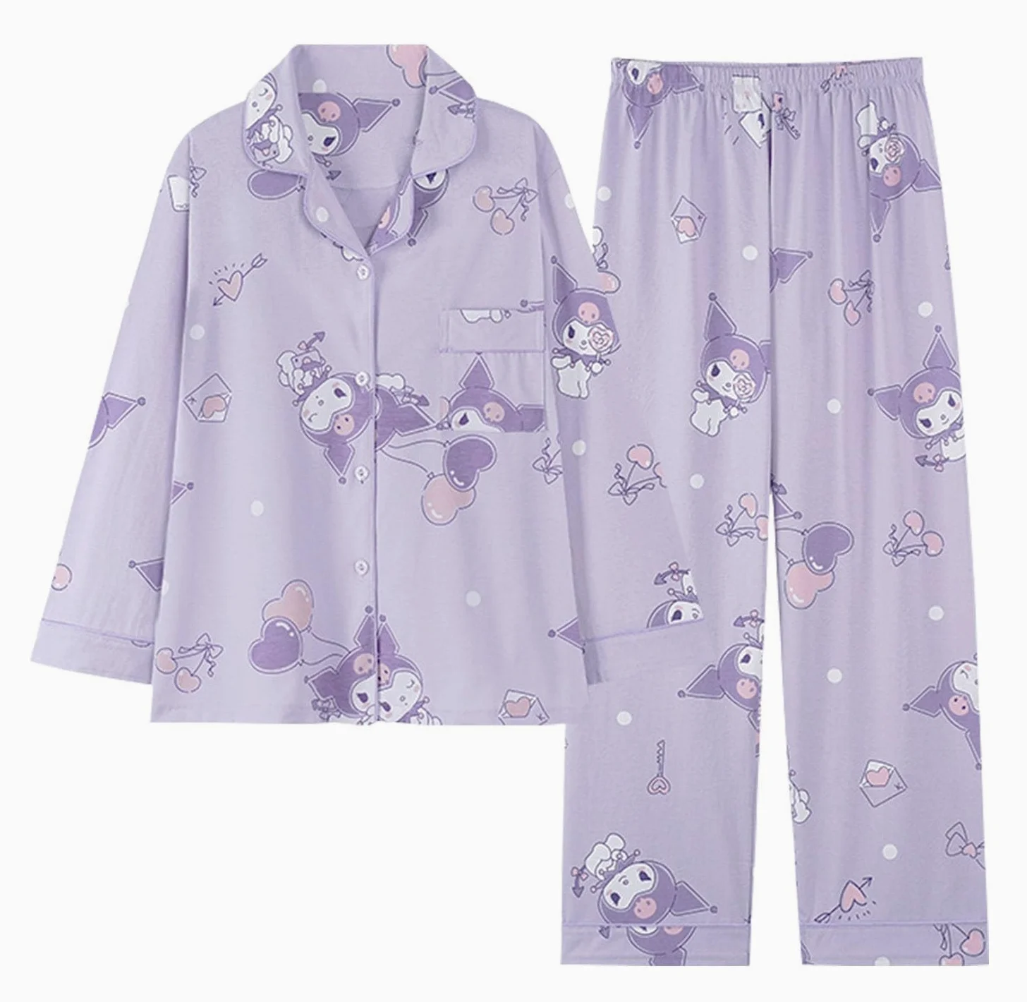 Kawaii Cartoon Pijama Mujer Niña Camiseta de Manga Larga y Pantalón Largo Conjunto 2 Piezas Ropa de Domir para Primavera Verano Morado/1 M