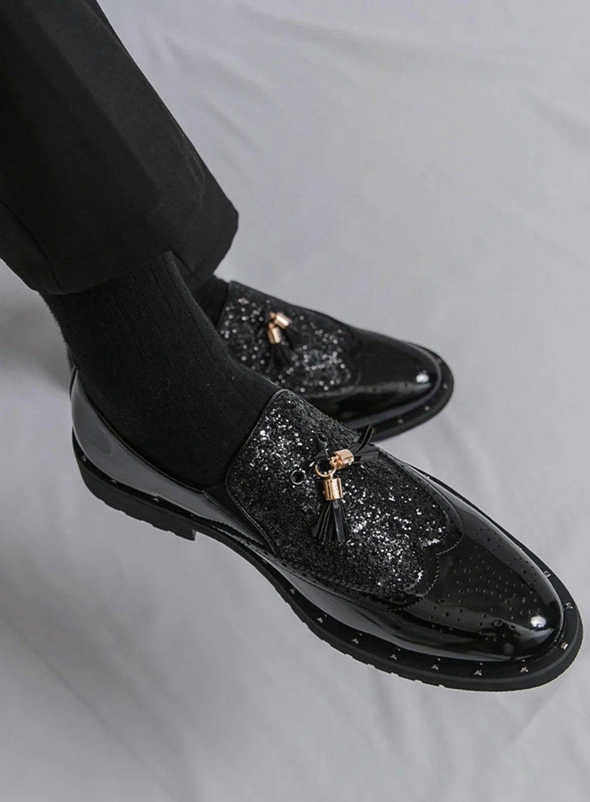 Mocasines de Charol con Purpurina para Hombre Zapatos de Vestir con Borlas Estilo Brogue Brillantes para Boda Fiesta