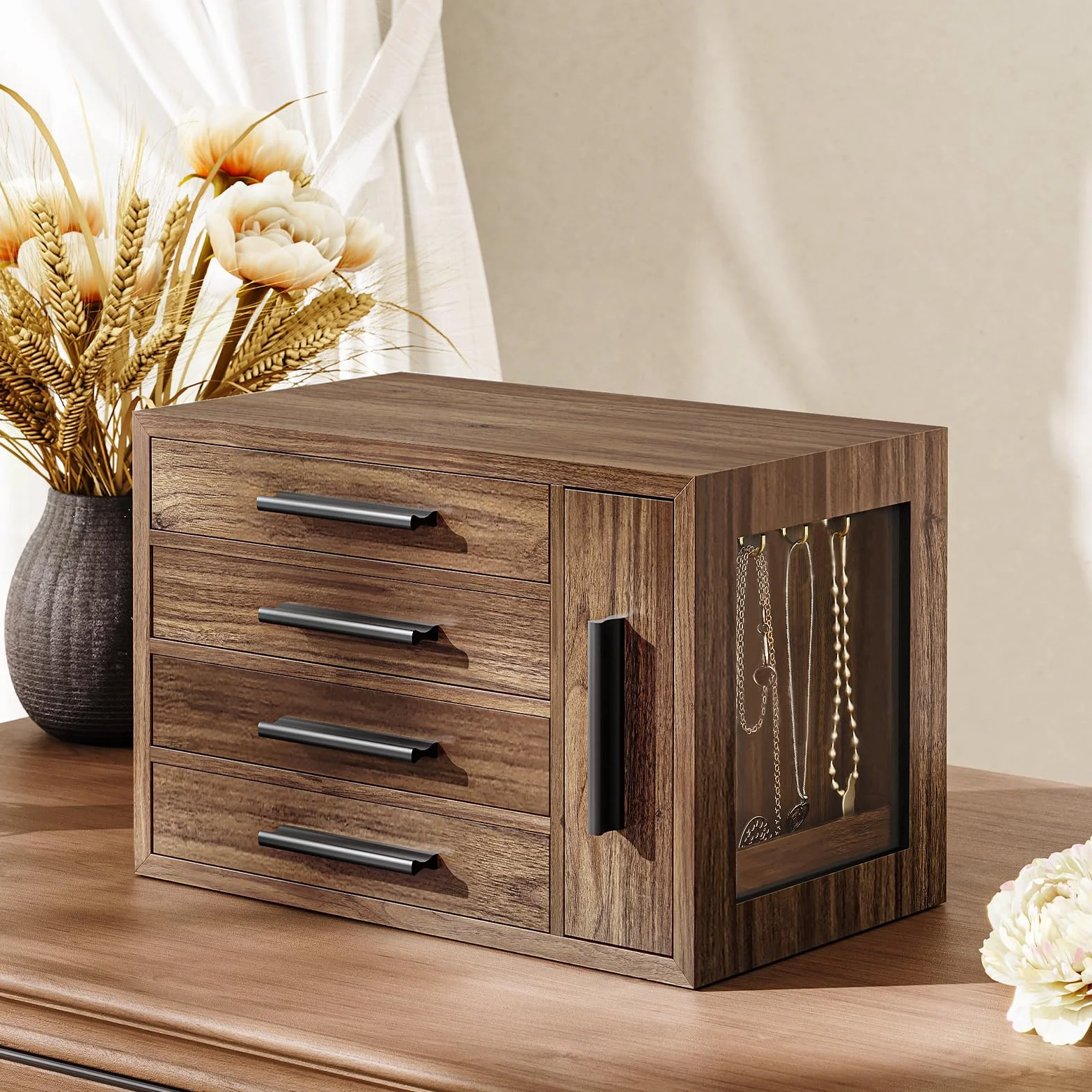 HOOBRO Caja Joyero 4 Niveles Madera Nogal Negro EBH09JB04