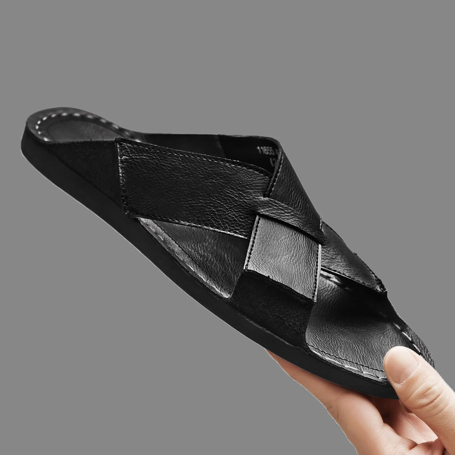 Sandalias de piel auténtica para hombre, cómodas, ligeras, abiertas, redondas, sin cordones, para exteriores, caminar, sandalias casuales de playa, Negro, 46 EU