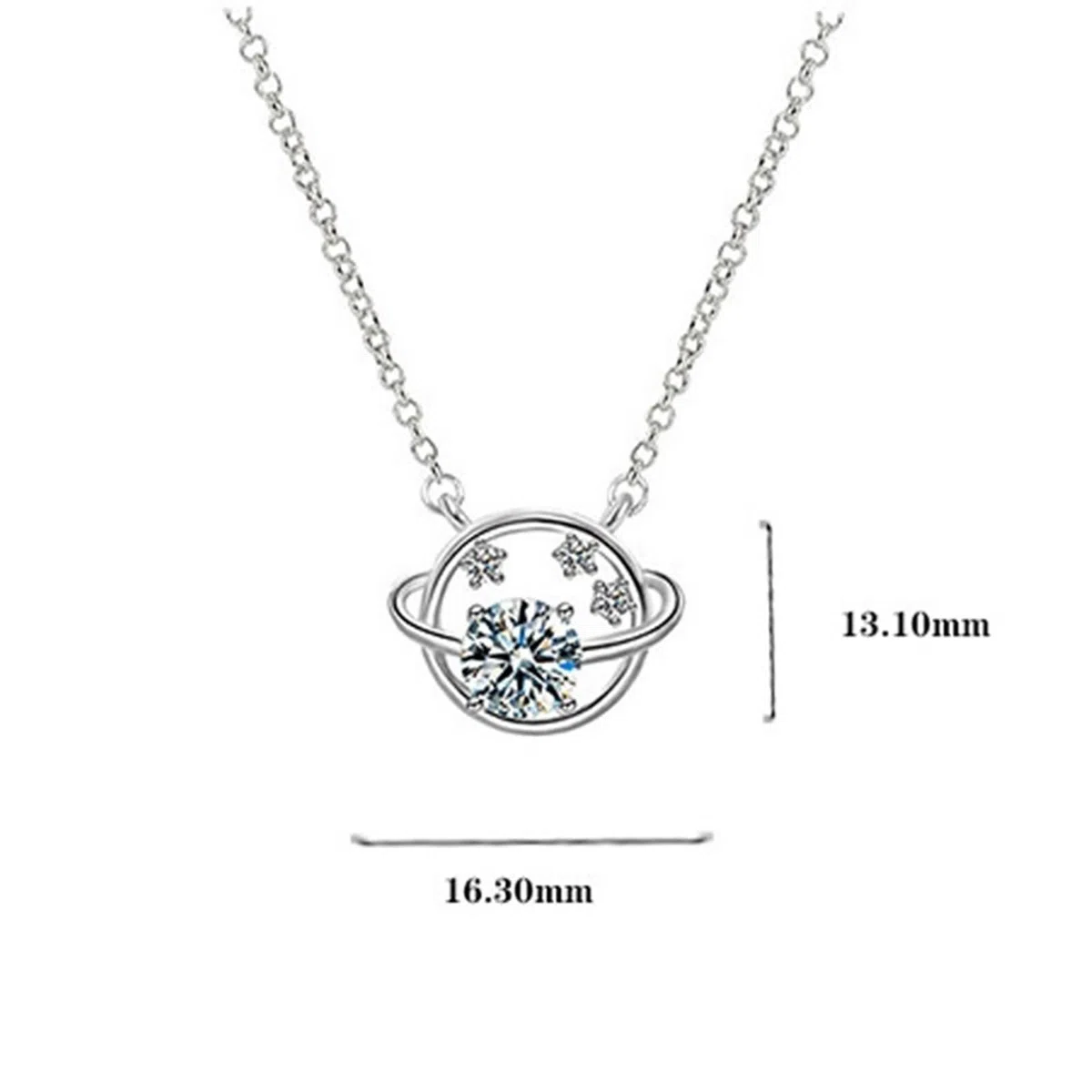 Colgante Collar Oro Blanco Mujer 9K / 14K / 18K, Planeta y Estrella con Diamante Creado y Moissanita, Colgante de Plata de Mujer