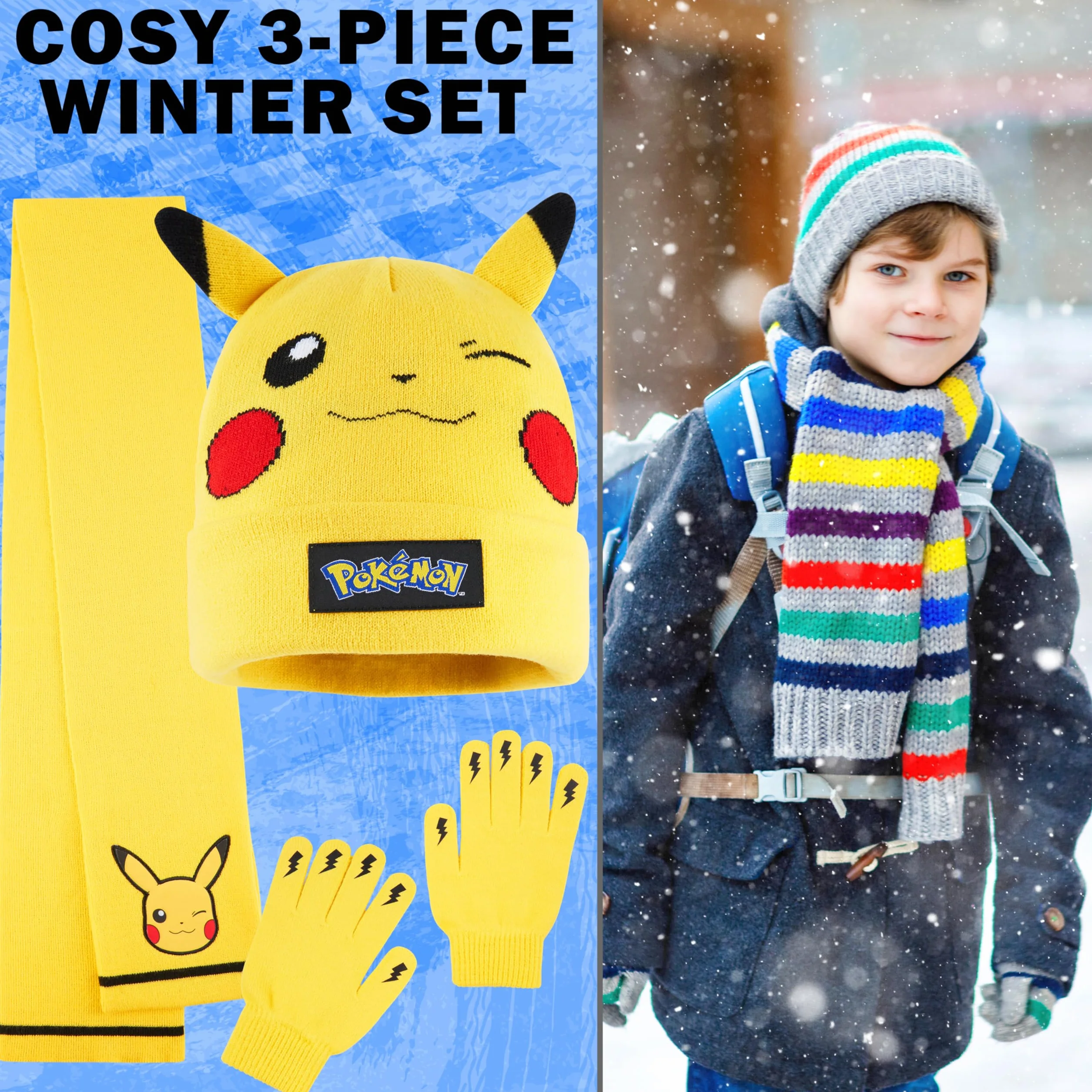 Pokémon Conjunto Bufanda y Gorro y Guantes Niño 8-10 Años, Pikachu Accesorios de Invierno Suave para Frío, Regalos de Anime